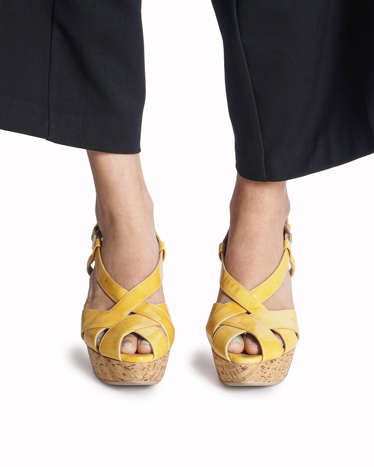 Salvatore Ferragamo Yellow Patent Leather Cork Wedge Sandals