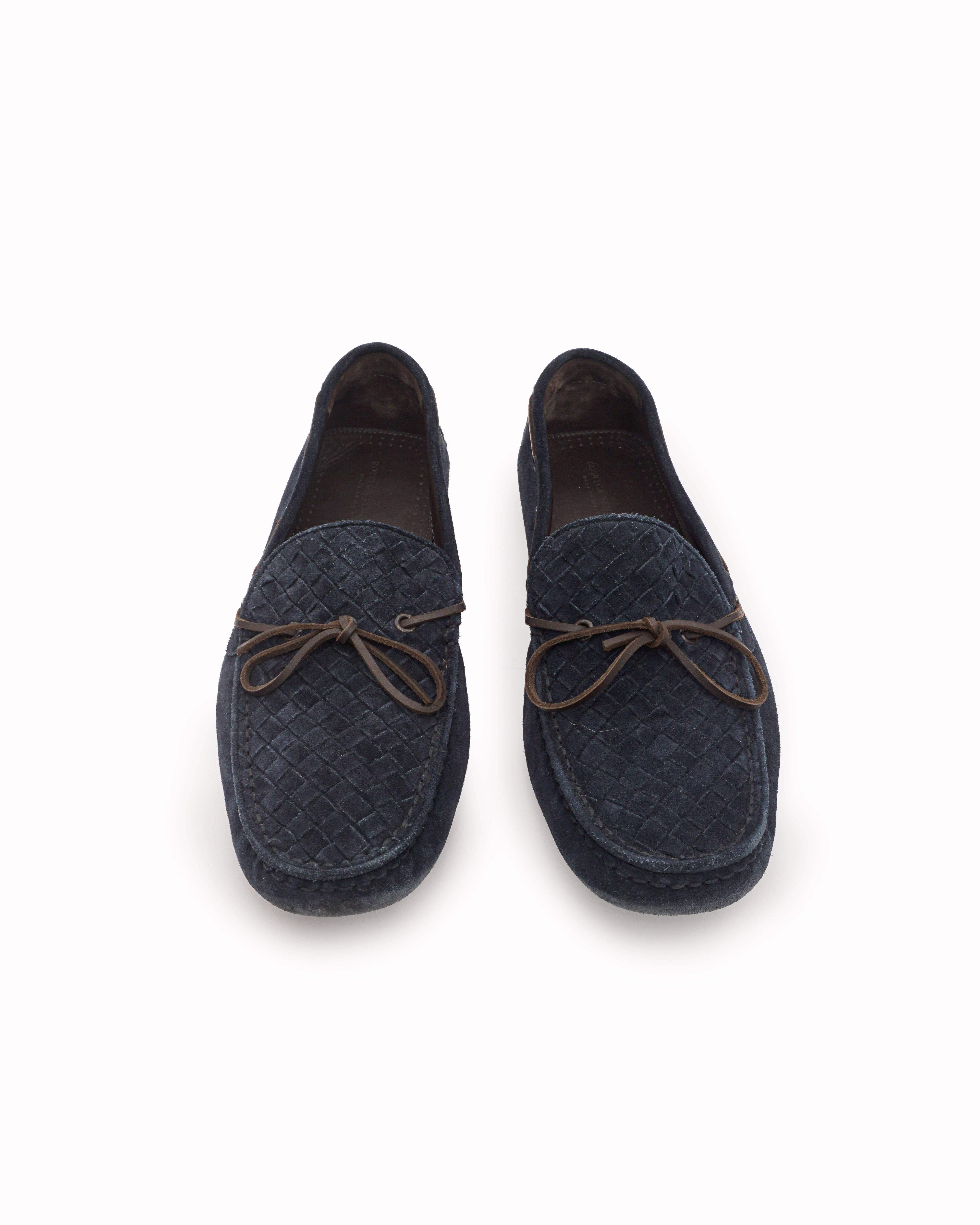 Bottega Veneta Navy Intrecciato Suede Driver Loafers