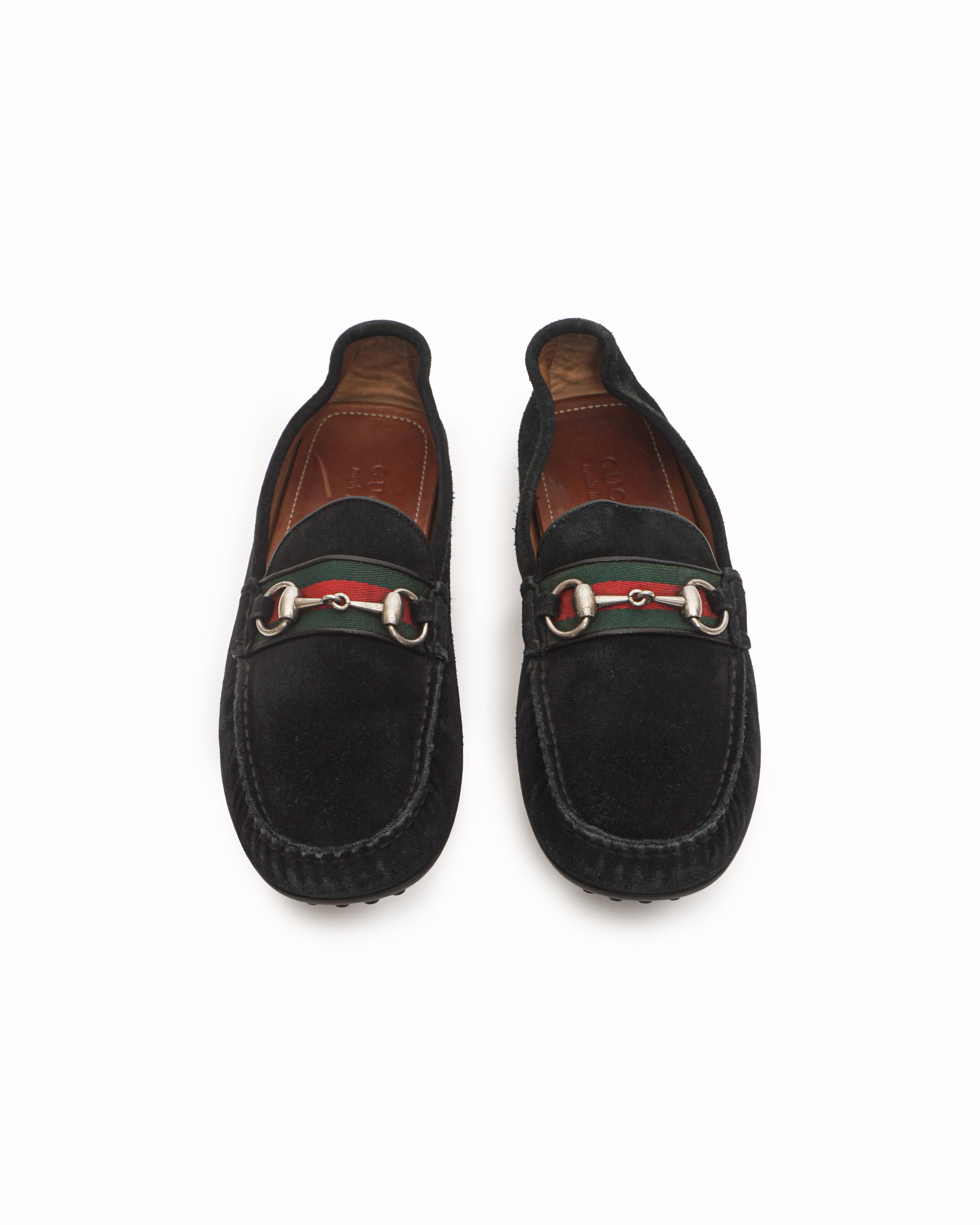 Gucci Black Suede Horsebit Web Driver Loafers