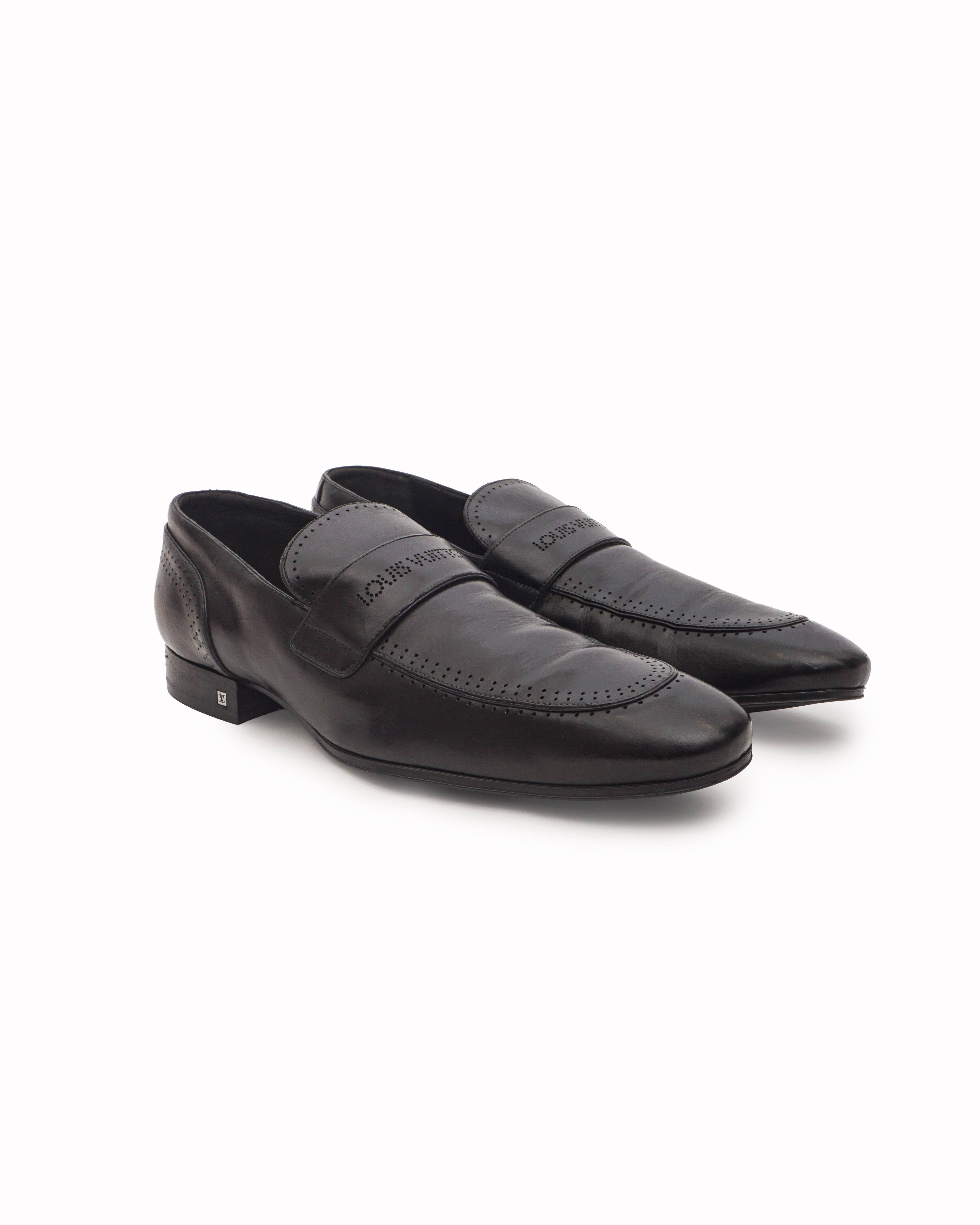 Louis Vuitton Black Leather Perforated Logo Loafers