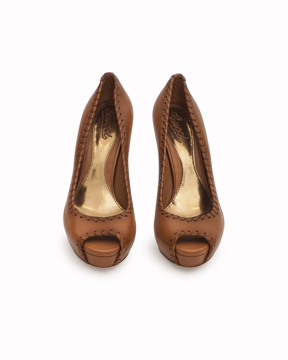 Gucci Tan Leather Whipstitch Peep Toe Platform Heel Pumps