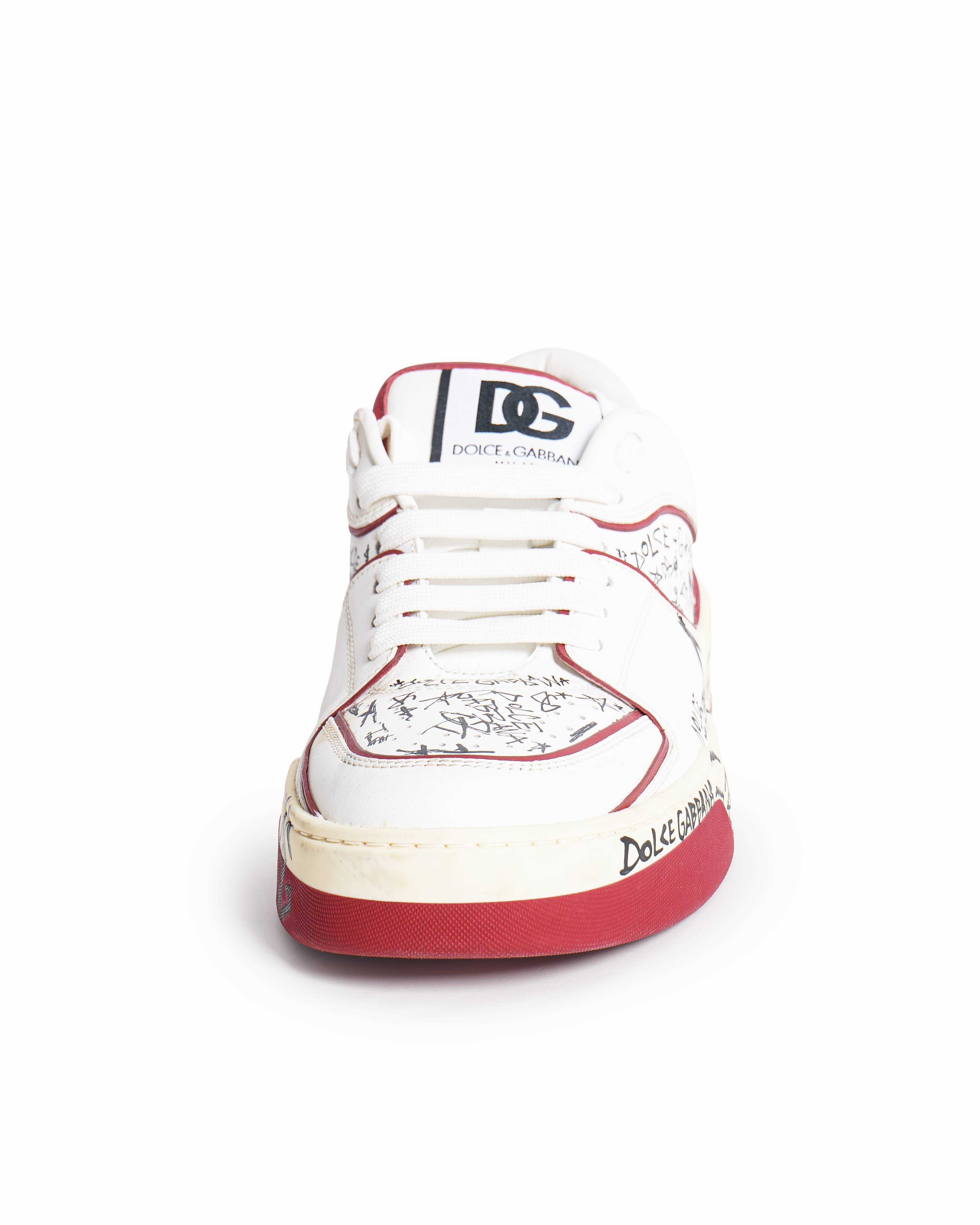 Dolce & Gabbana Red/White Printed Leather Roma Low-Top Sneakers