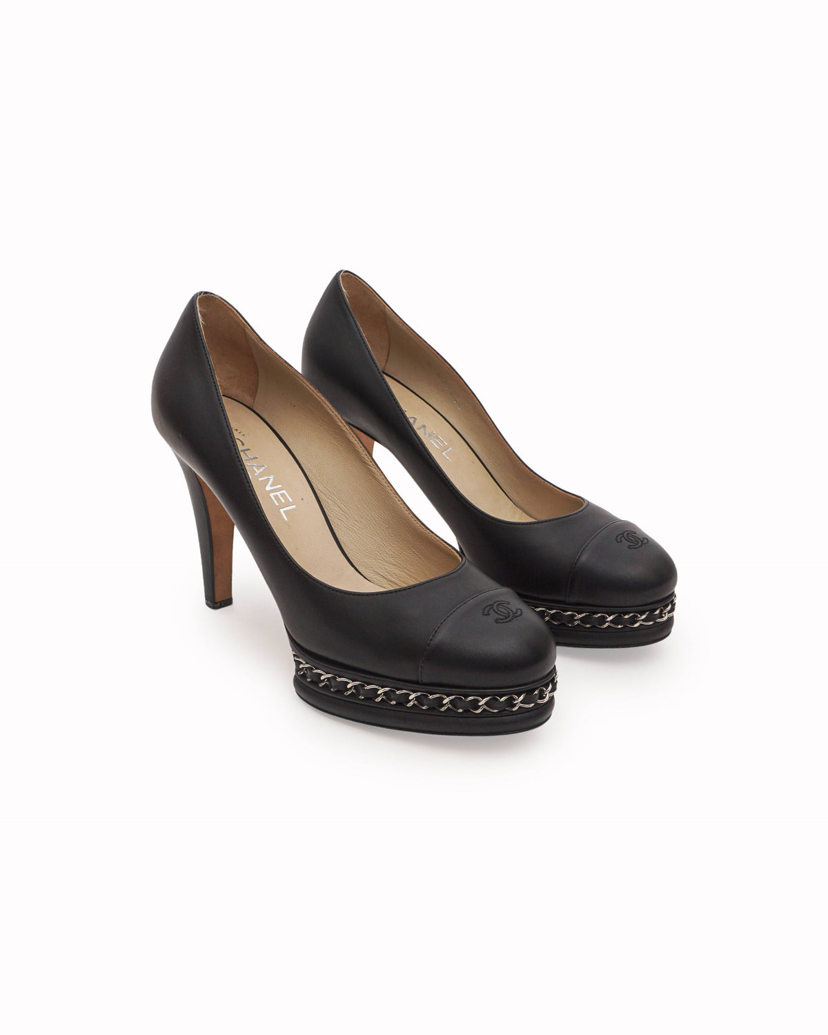 Chanel Black Leather Embossed CC Cap Toe Chain Platform Pumps