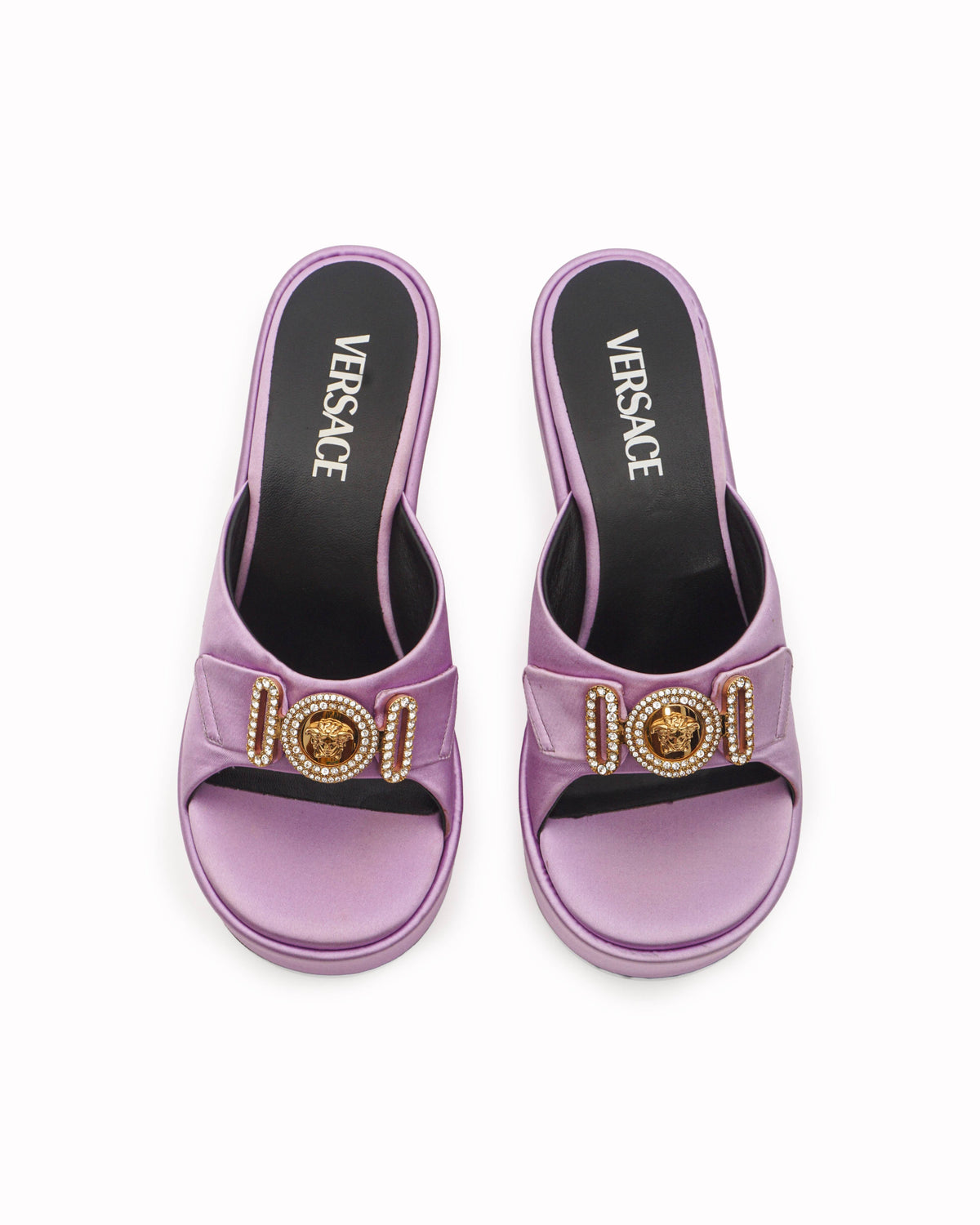 Versace Lilac Satin La Medusa Crystal Platform Sandals
