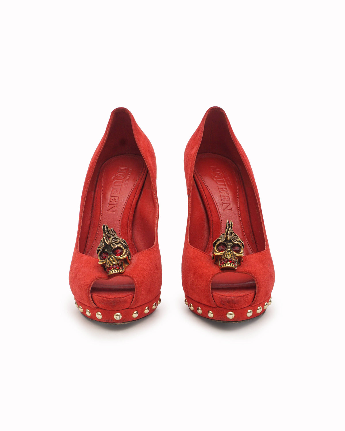 Alexander McQueen Red Suede Skull Peep-Toe Pump Heels
