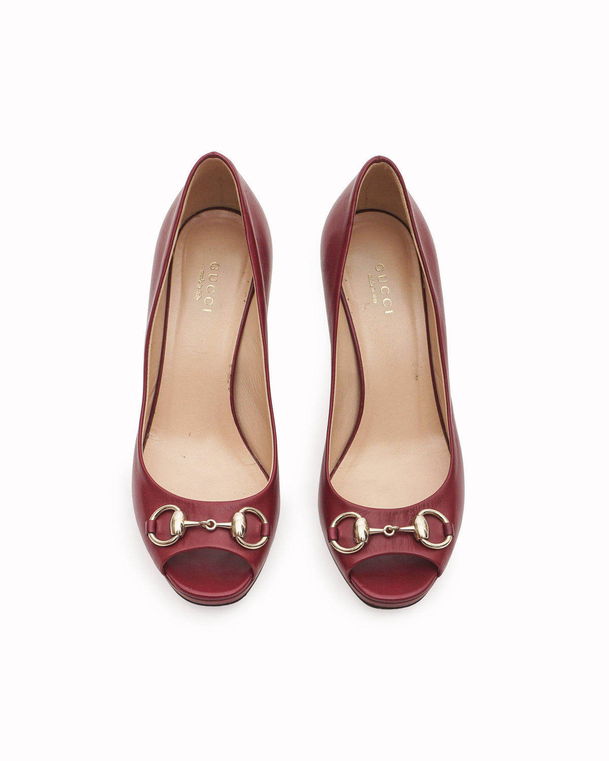 Gucci Cherry Red Leather Horsebit Peep Toe Pumps