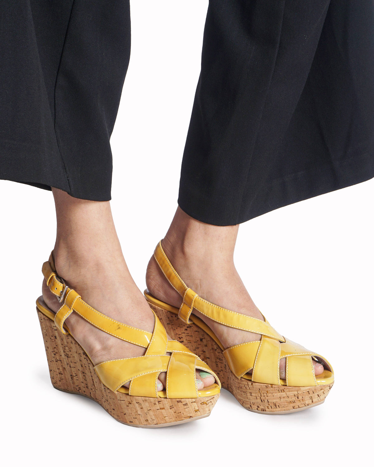 Salvatore Ferragamo Yellow Patent Leather Cork Wedge Sandals