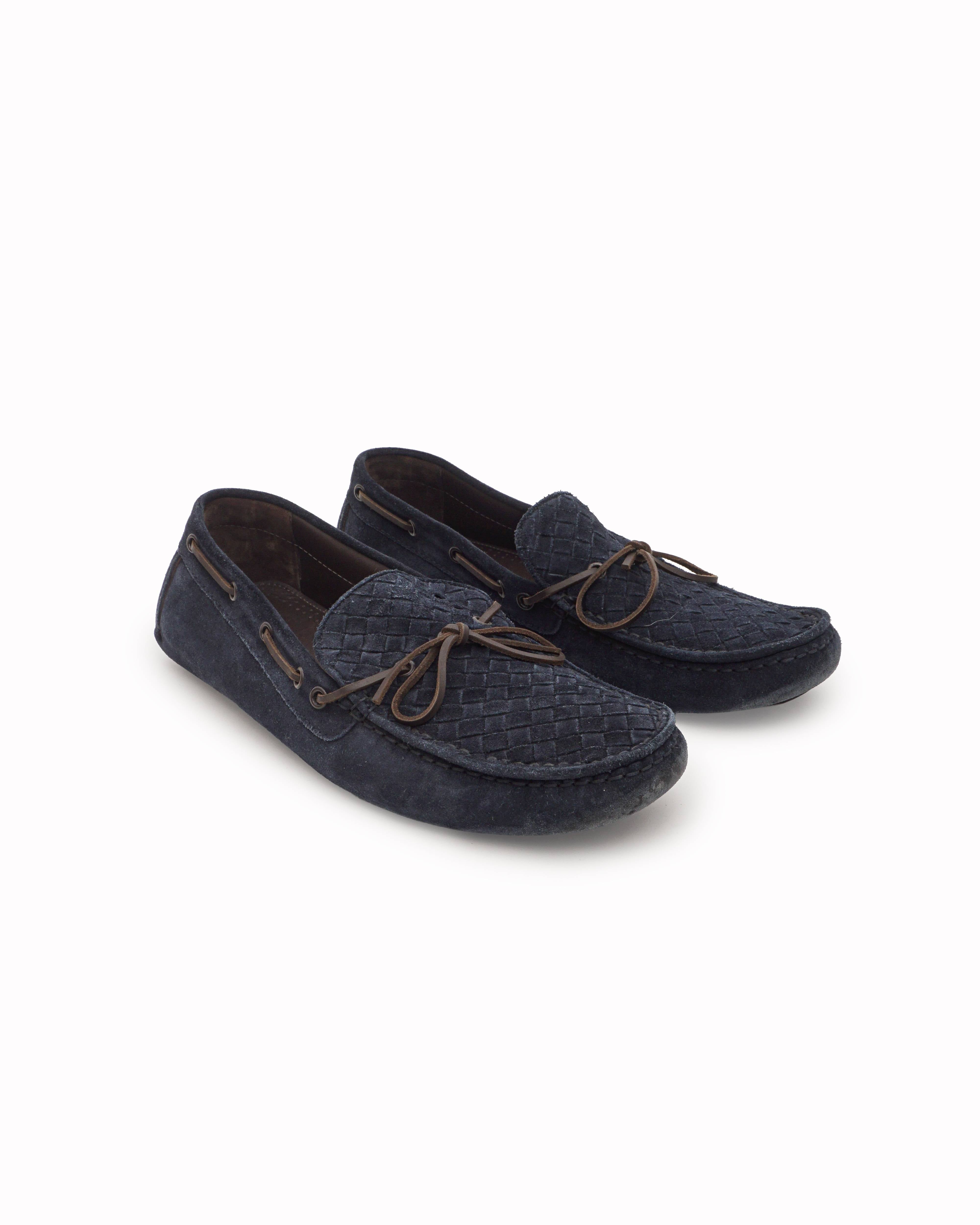 Bottega Veneta Navy Intrecciato Suede Driver Loafers