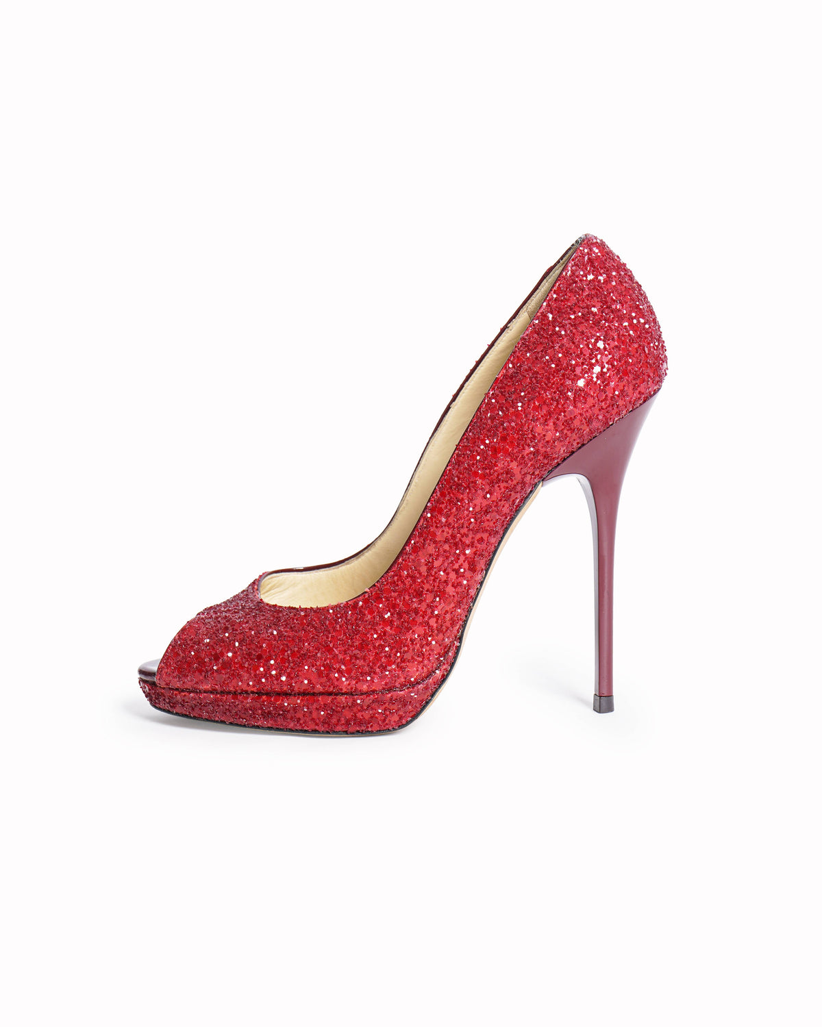 Jimmy Choo Red Glitter Peep-Toe Pumps
