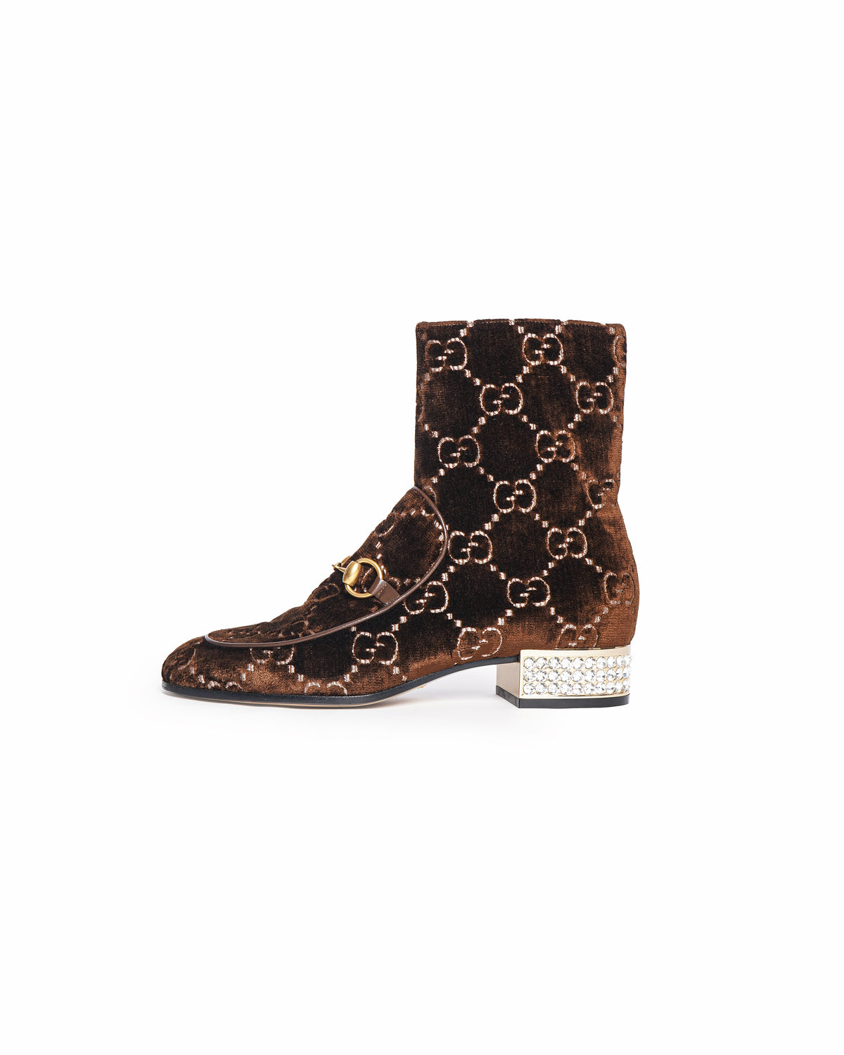 Gucci Velvet GG Monogram Crystal Horsebit Ankle Boots