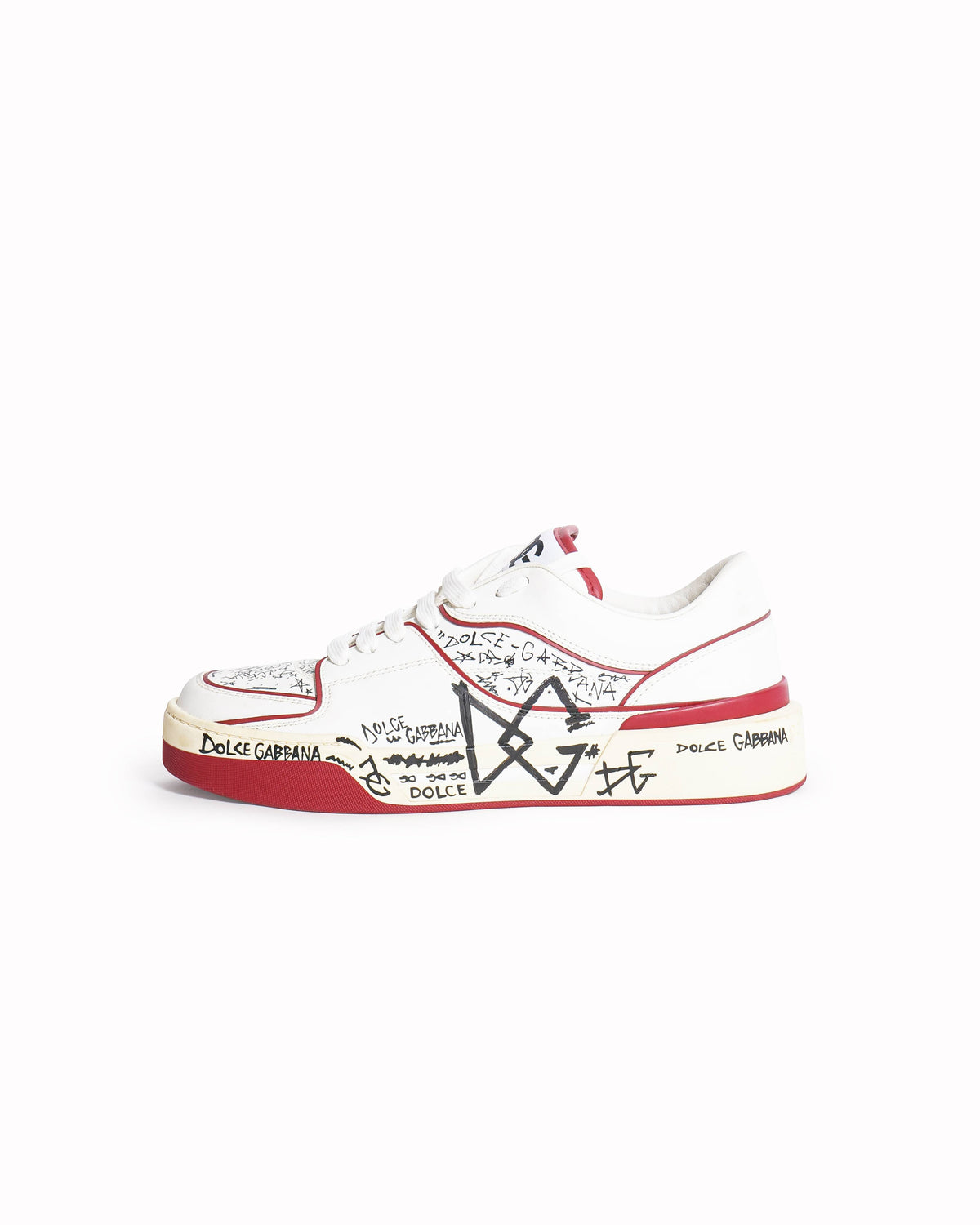 Dolce & Gabbana Red/White Printed Leather Roma Low-Top Sneakers
