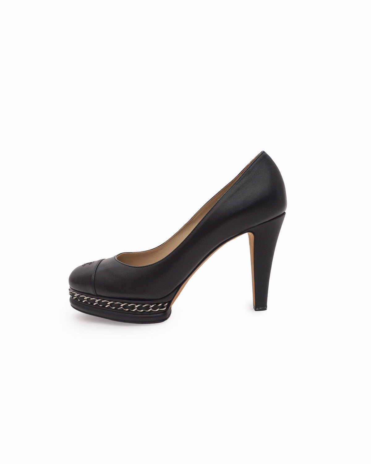 Chanel Black Leather Embossed CC Cap Toe Chain Platform Pumps