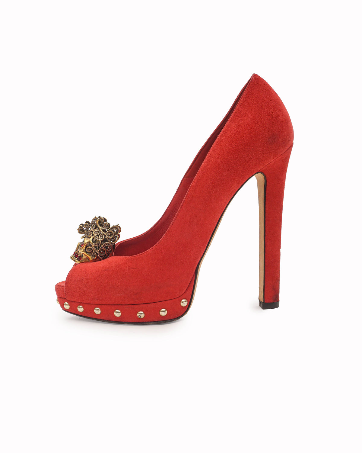 Alexander McQueen Red Suede Skull Peep-Toe Pump Heels