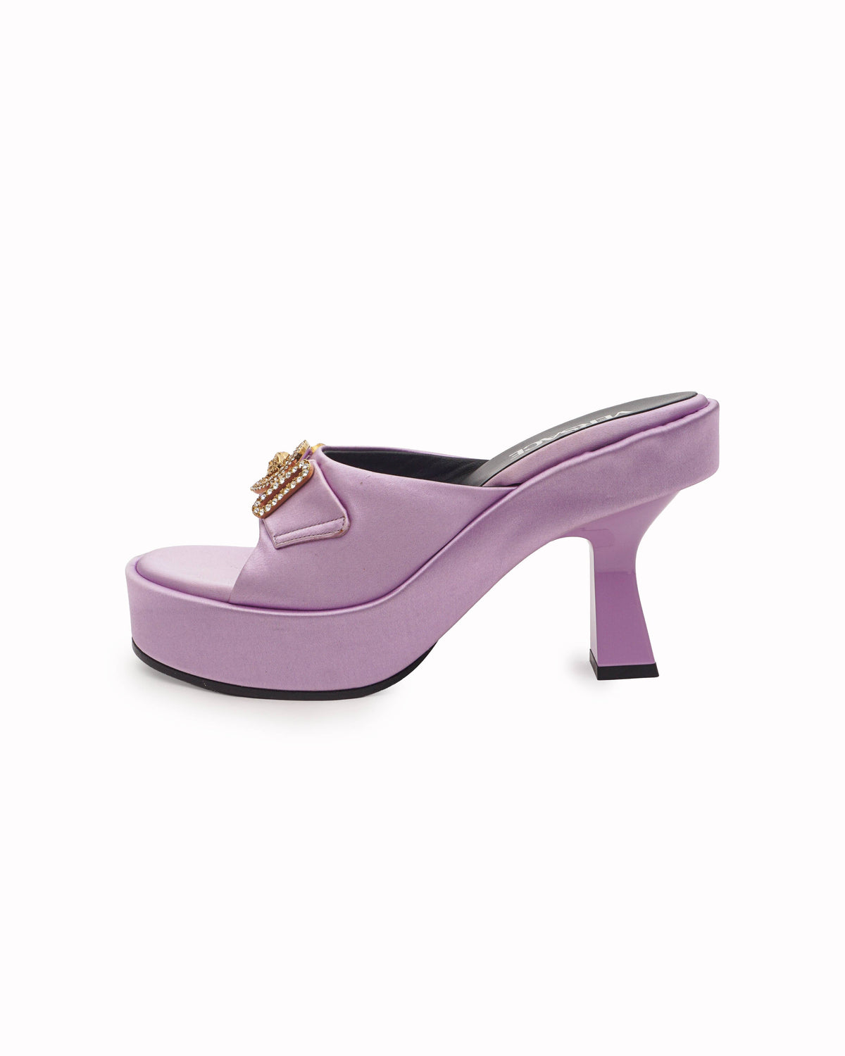 Versace Lilac Satin La Medusa Crystal Platform Sandals