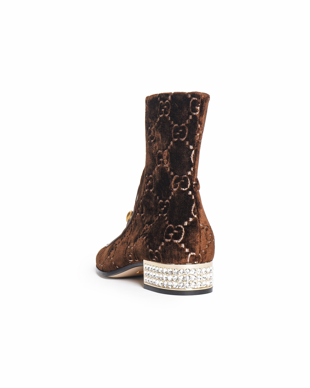 Gucci Velvet GG Monogram Crystal Horsebit Ankle Boots