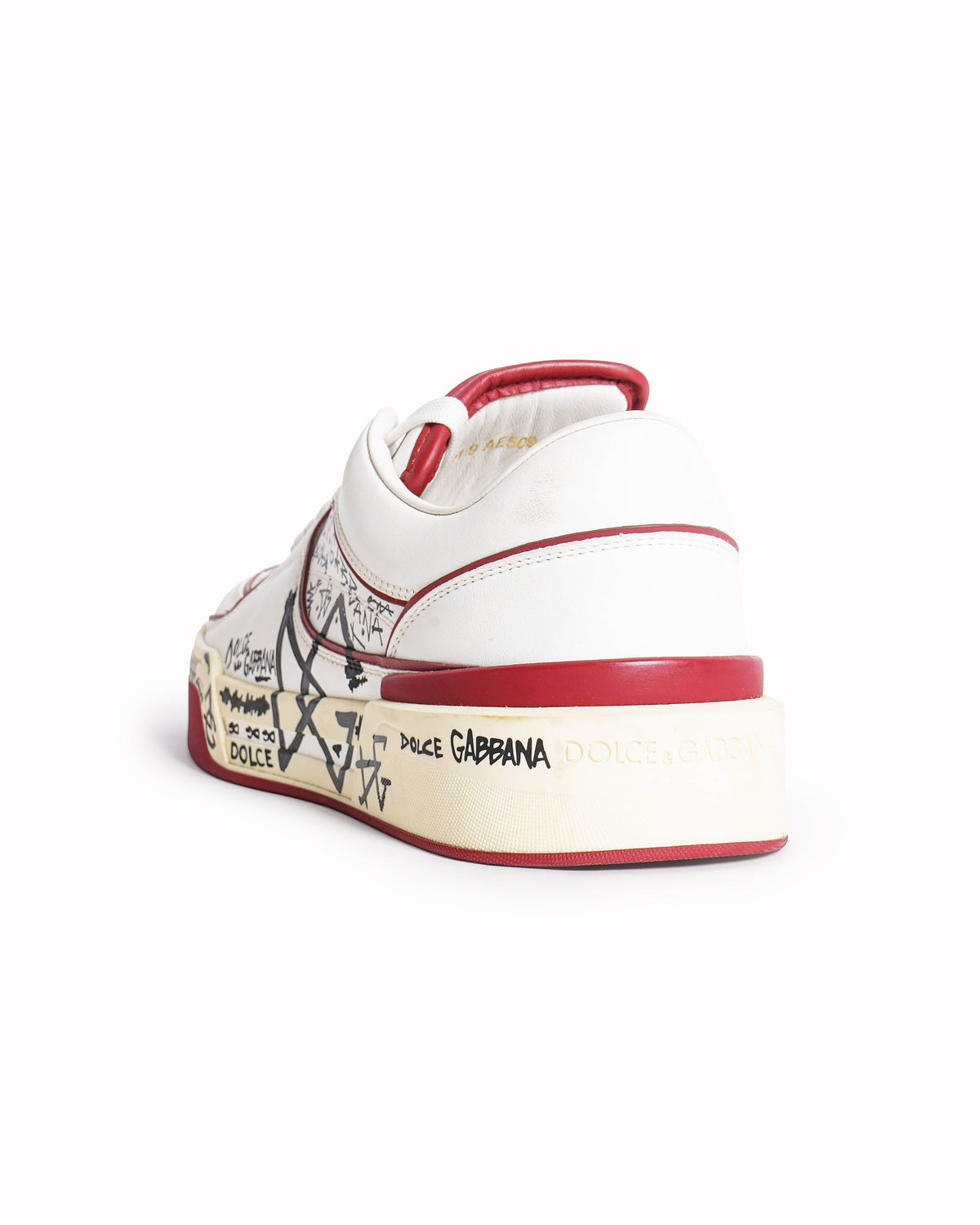 Dolce & Gabbana Red/White Printed Leather Roma Low-Top Sneakers