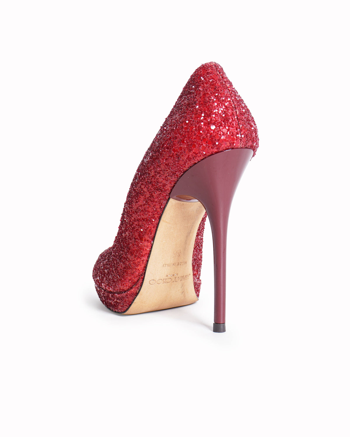 Jimmy Choo Red Glitter Peep-Toe Pumps