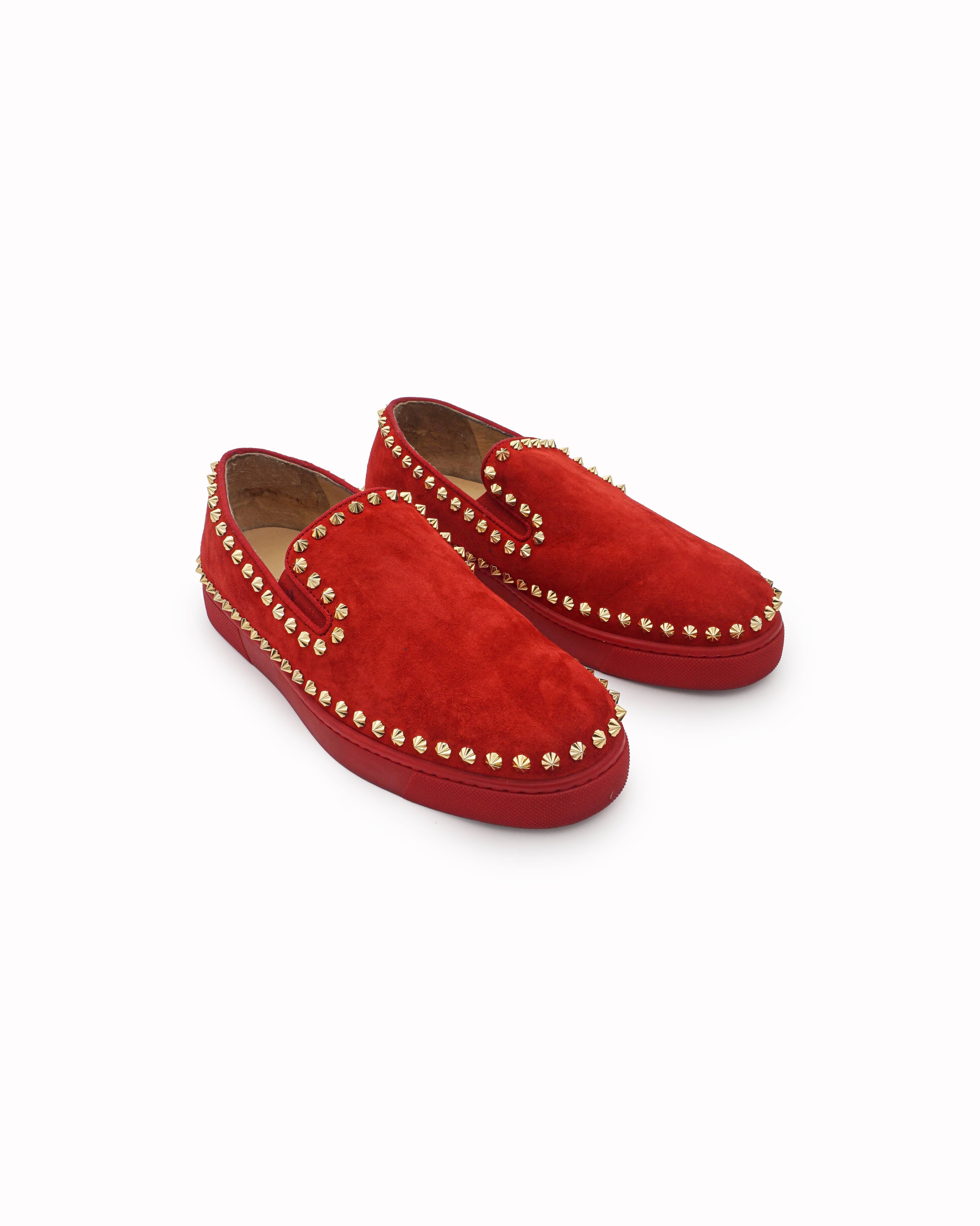 Christian Louboutin Red Suede Pik Boat Spike Slip On Sneakers