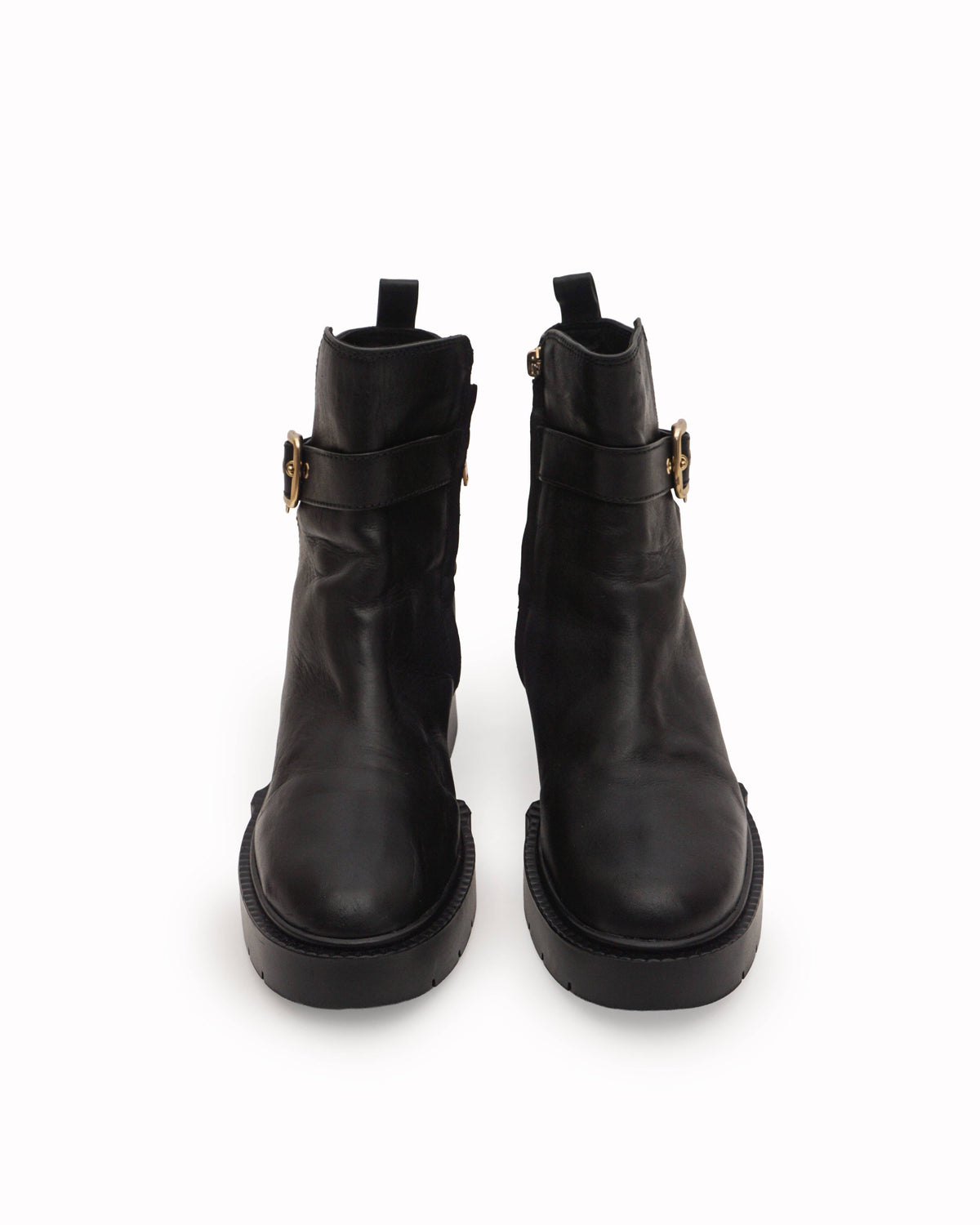Coach Black Leather Buckled Ankle Lug Sole Boots