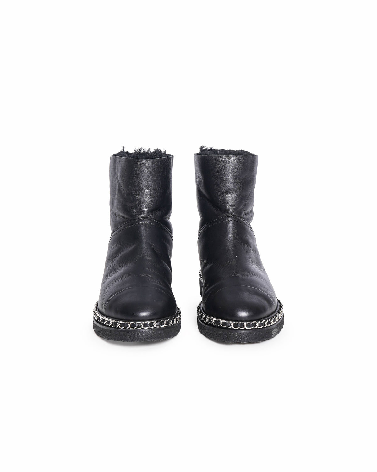 Chanel Black Leather CC Cap Toe Chain detail Ankle Length Boots