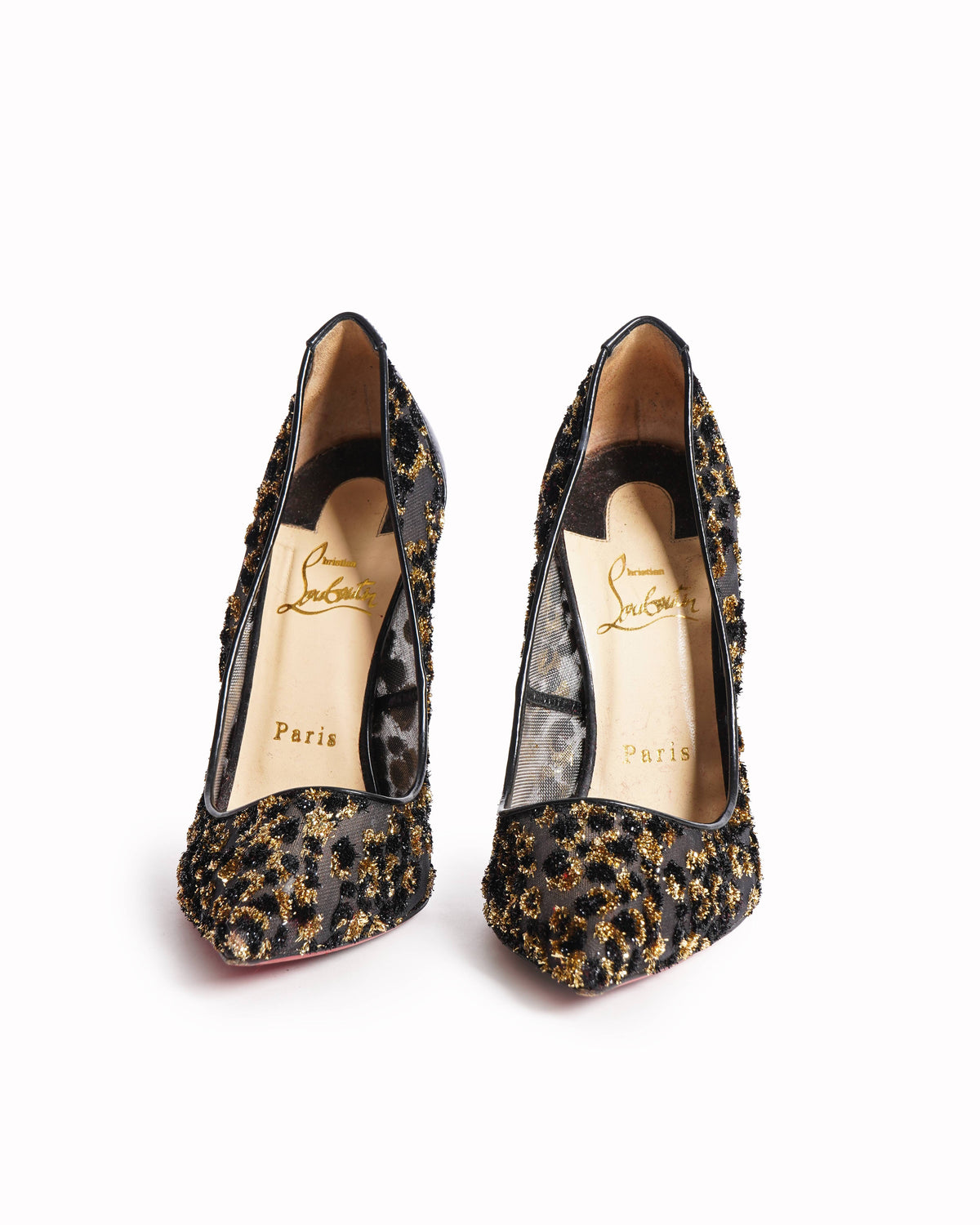 Christian Louboutin Black/Gold Leopard Print Lurex Fringe Mesh and Patent Leather Follies Pumps