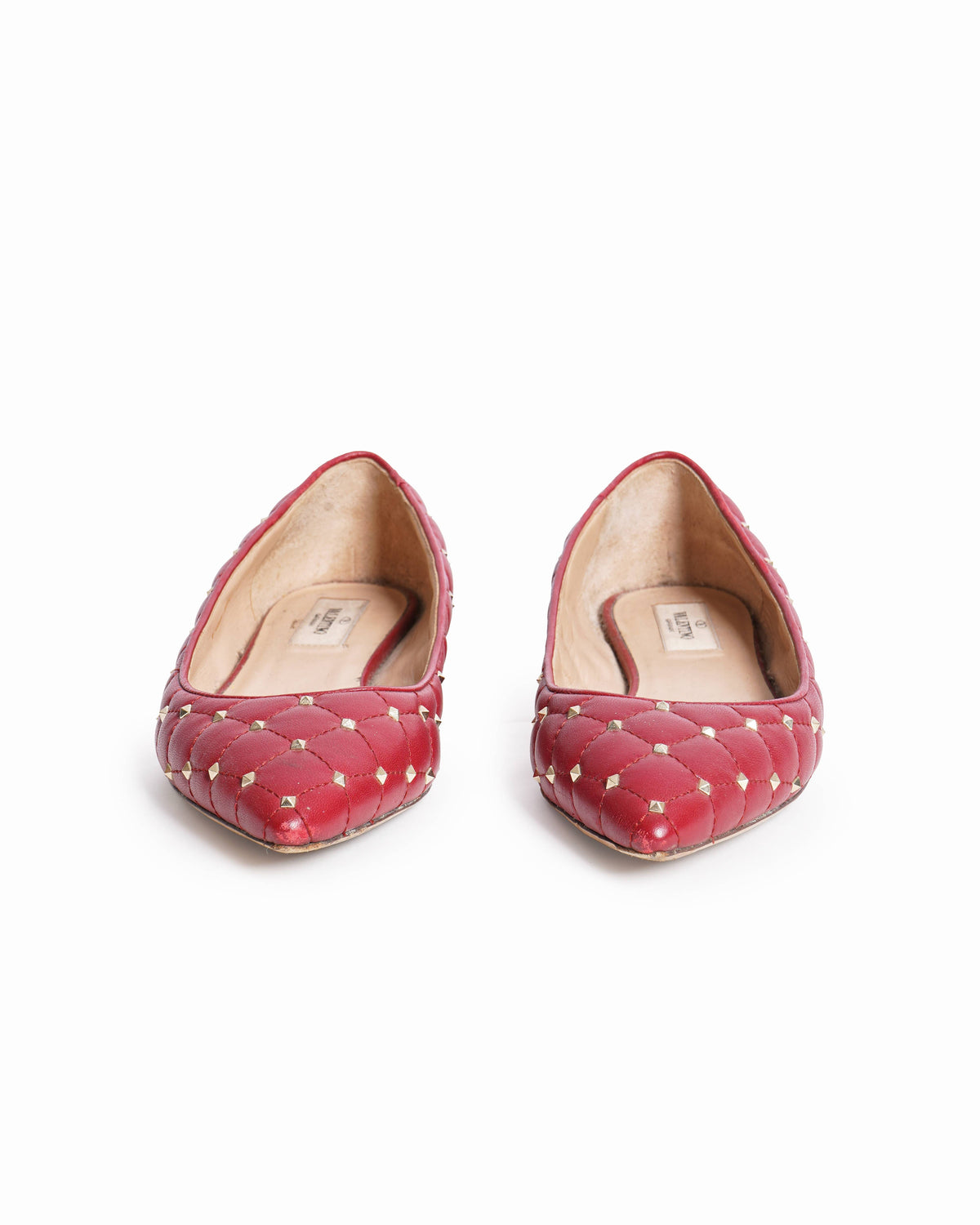 Valentino Red Quilted Leather Rockstud Spike Pointed Toe Ballet Flats