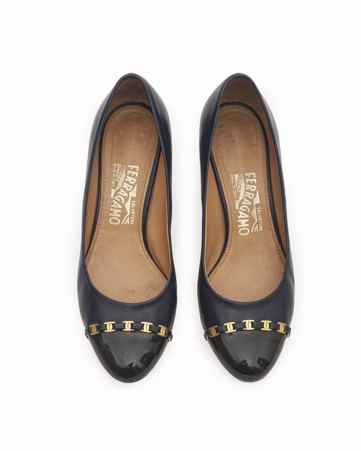 Salvatore Ferragamo Navy Leather Gancini Cap-Toe Pumps