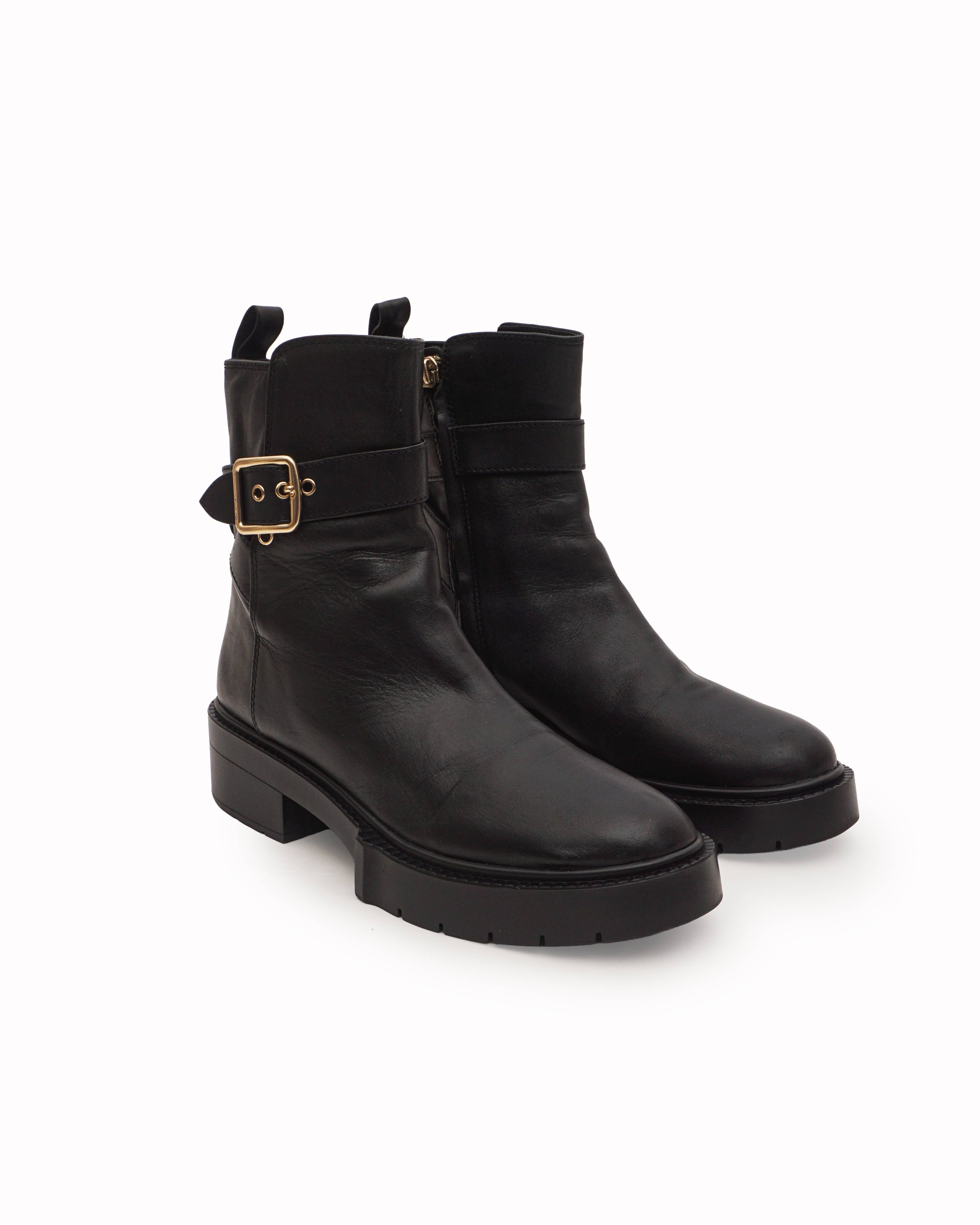 Coach Black Leather Buckled Ankle Lug Sole Boots