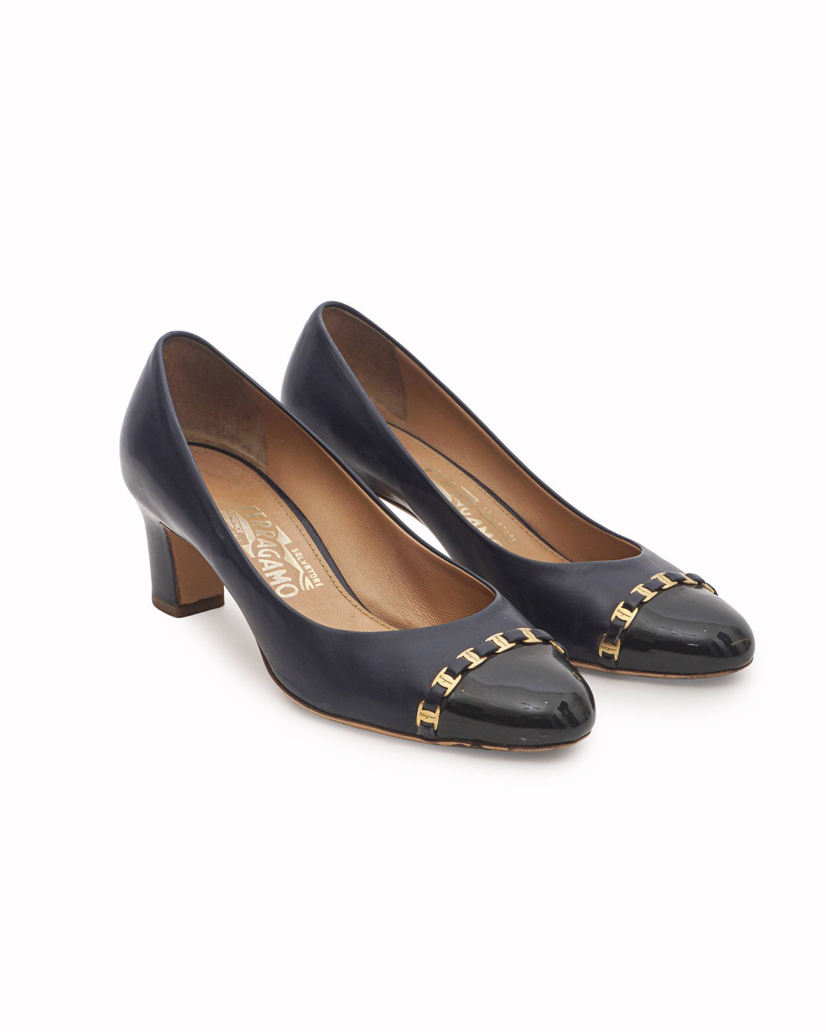 Salvatore Ferragamo Navy Leather Gancini Cap-Toe Pumps