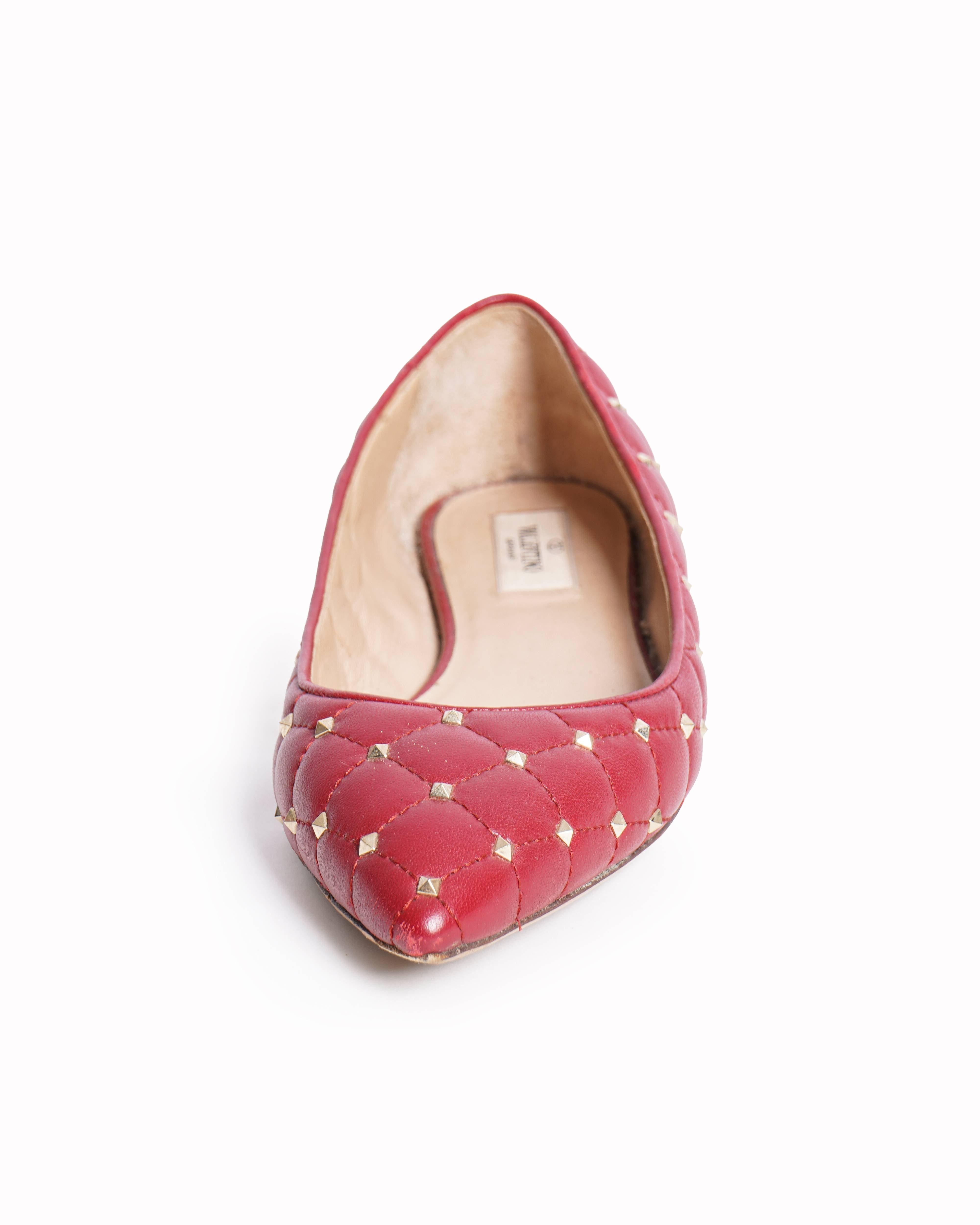 Valentino Red Quilted Leather Rockstud Spike Pointed Toe Ballet Flats