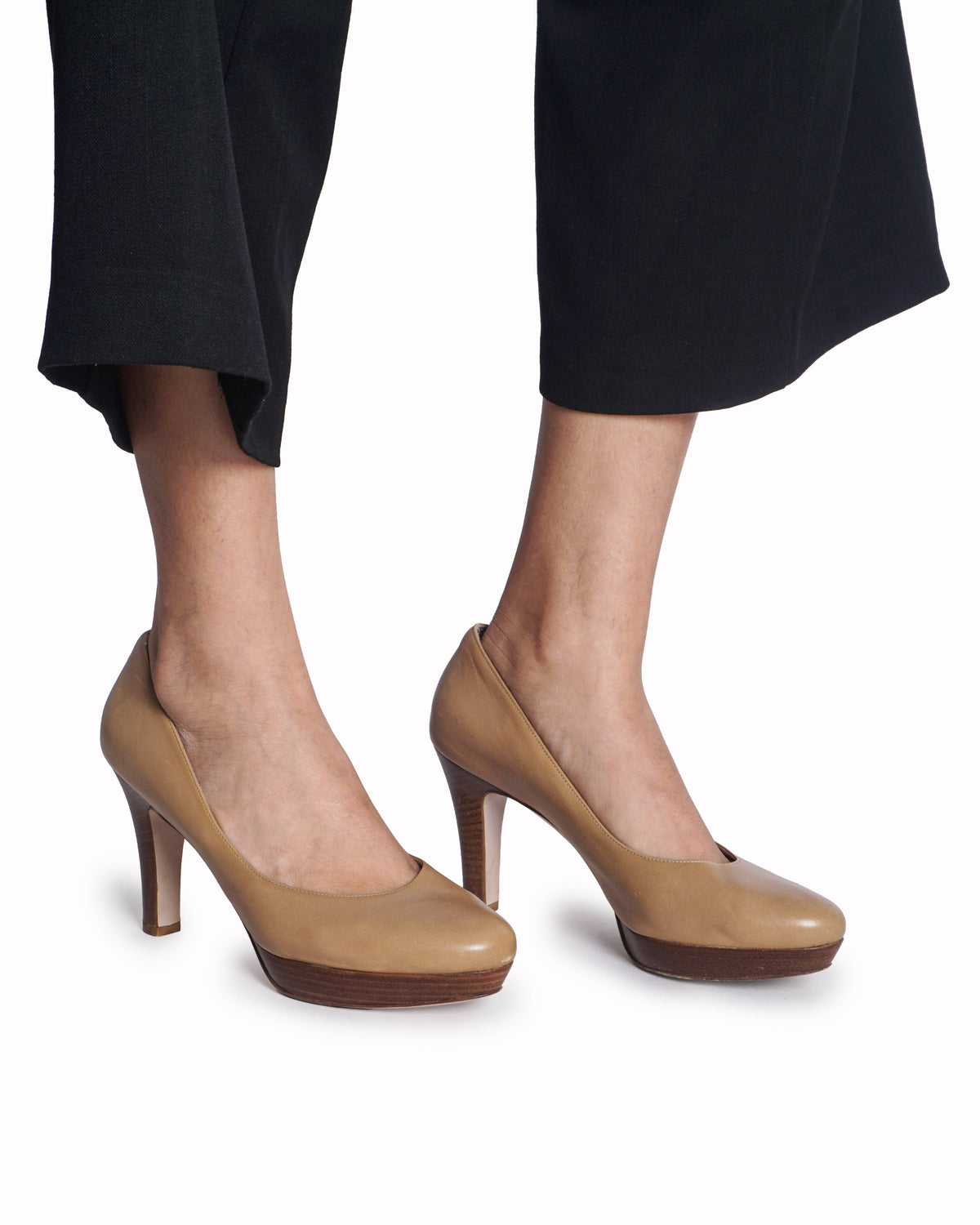 Salvatore Ferragamo Beige Leather Stacked Platform Pumps