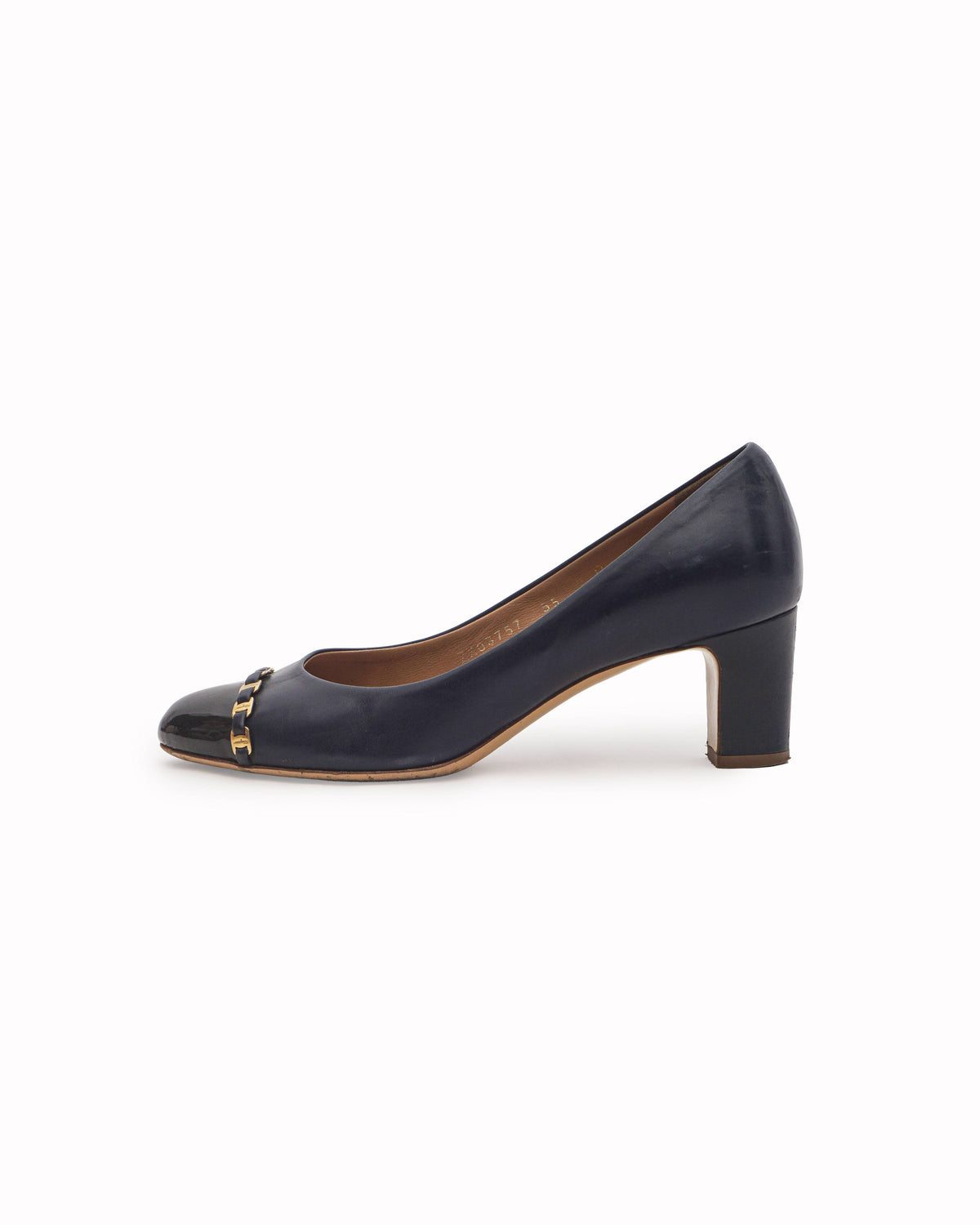 Salvatore Ferragamo Navy Leather Gancini Cap-Toe Pumps