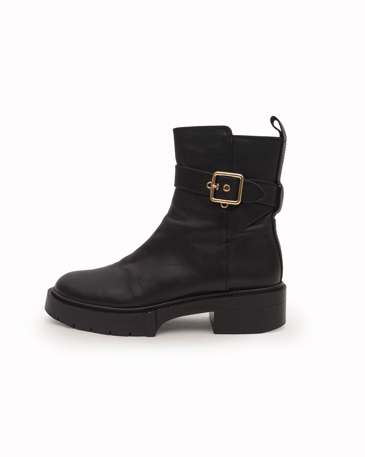 Coach Black Leather Buckled Ankle Lug Sole Boots