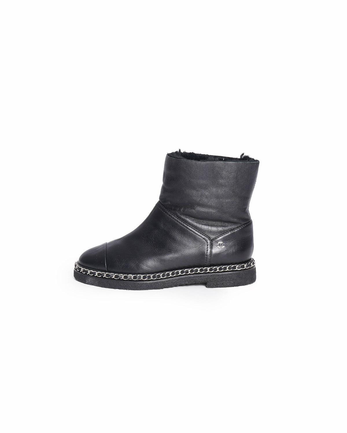 Chanel Black Leather CC Cap Toe Chain detail Ankle Length Boots