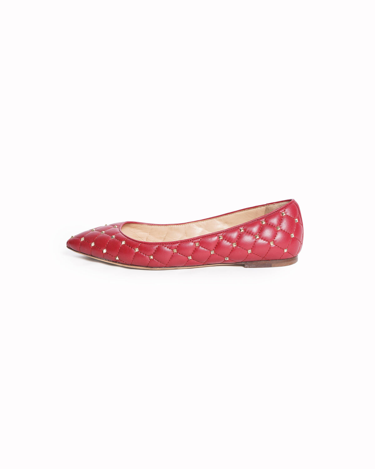 Valentino Red Quilted Leather Rockstud Spike Pointed Toe Ballet Flats