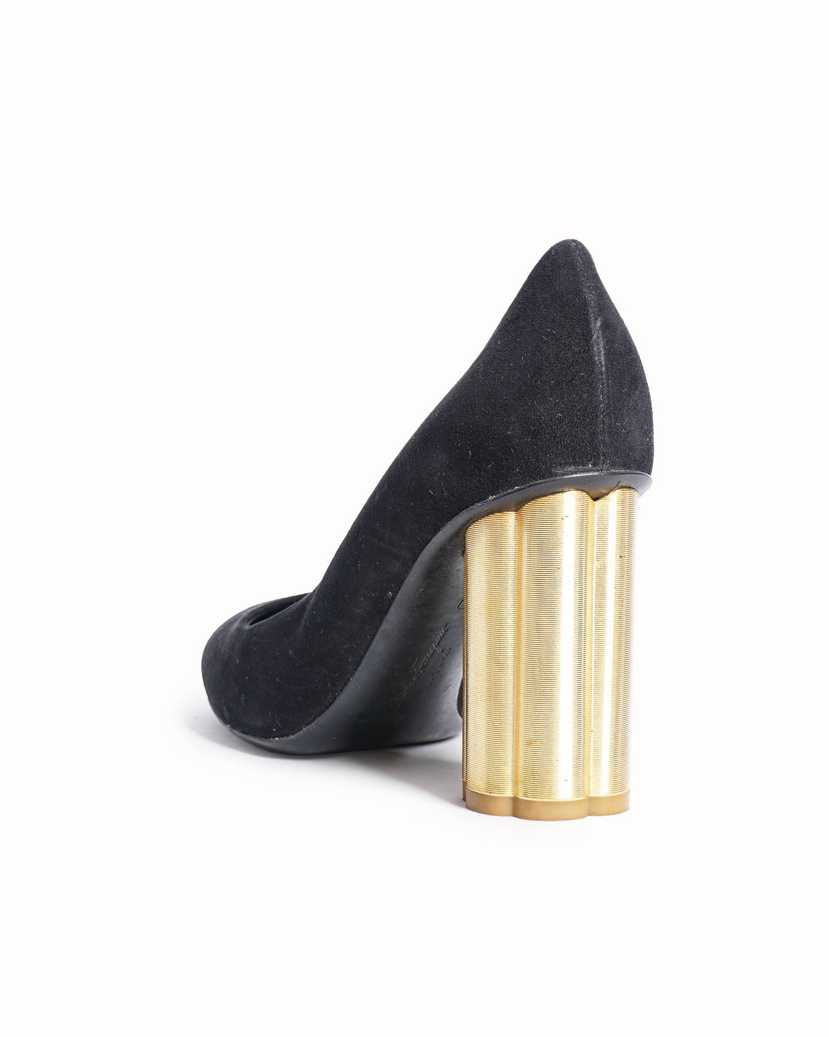 Salvatore Ferragamo Lucca Black Suede Flower Heel Pumps