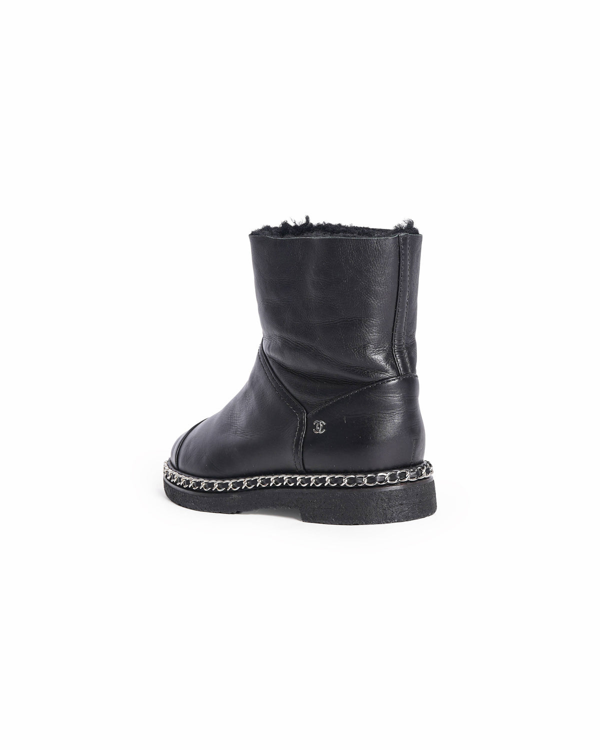 Chanel Black Leather CC Cap Toe Chain detail Ankle Length Boots