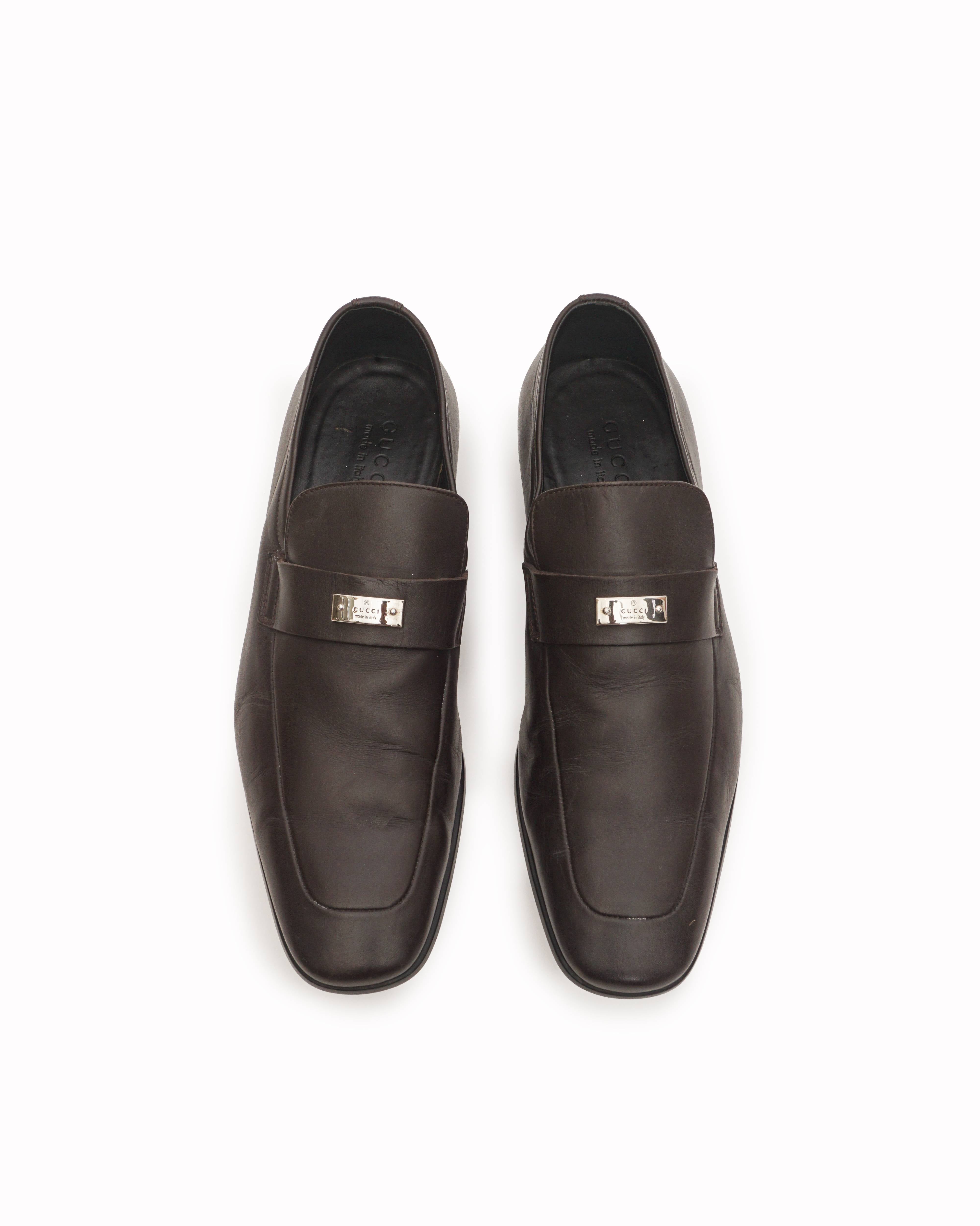 Gucci Men's Dark Brown Leather Logo Plaque Loafers