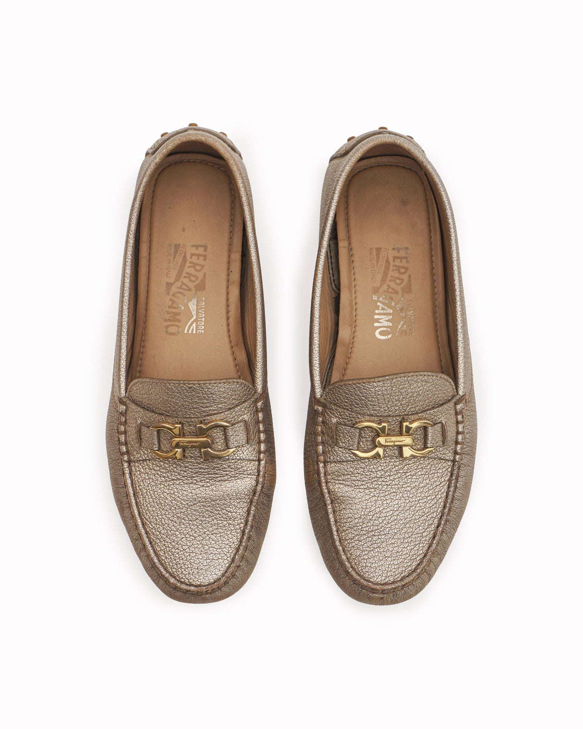 Salvatore Ferragamo Metallic Champagne Gancini Driver Loafers