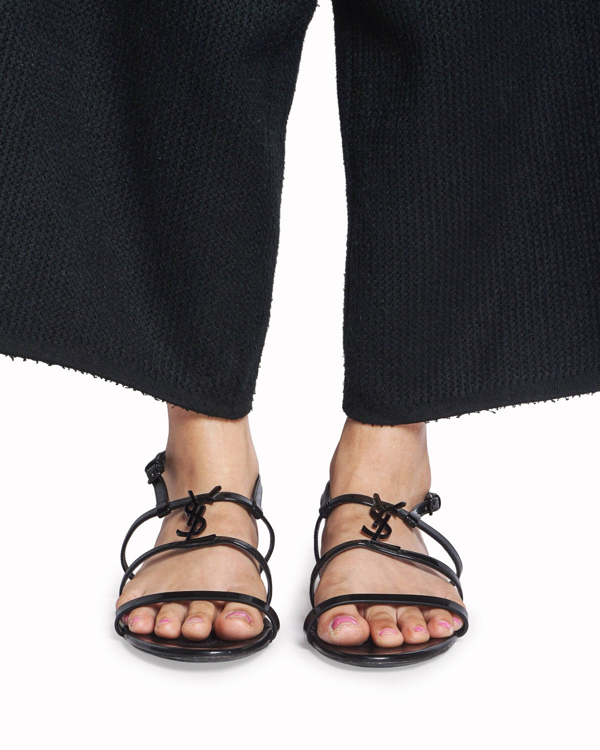 Saint Laurent Cassandra Black Patent Leather Flat Sandals