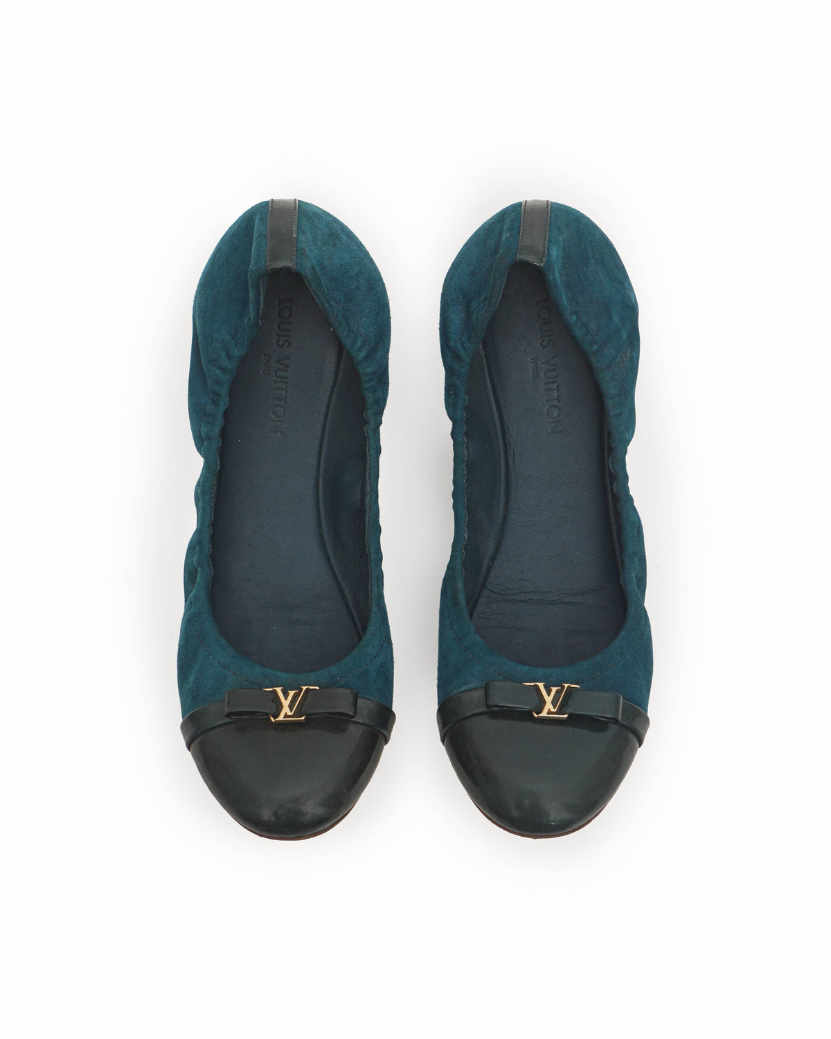 Louis Vuitton Teal Suede & Patent Leather LV Bow Ballet Flats