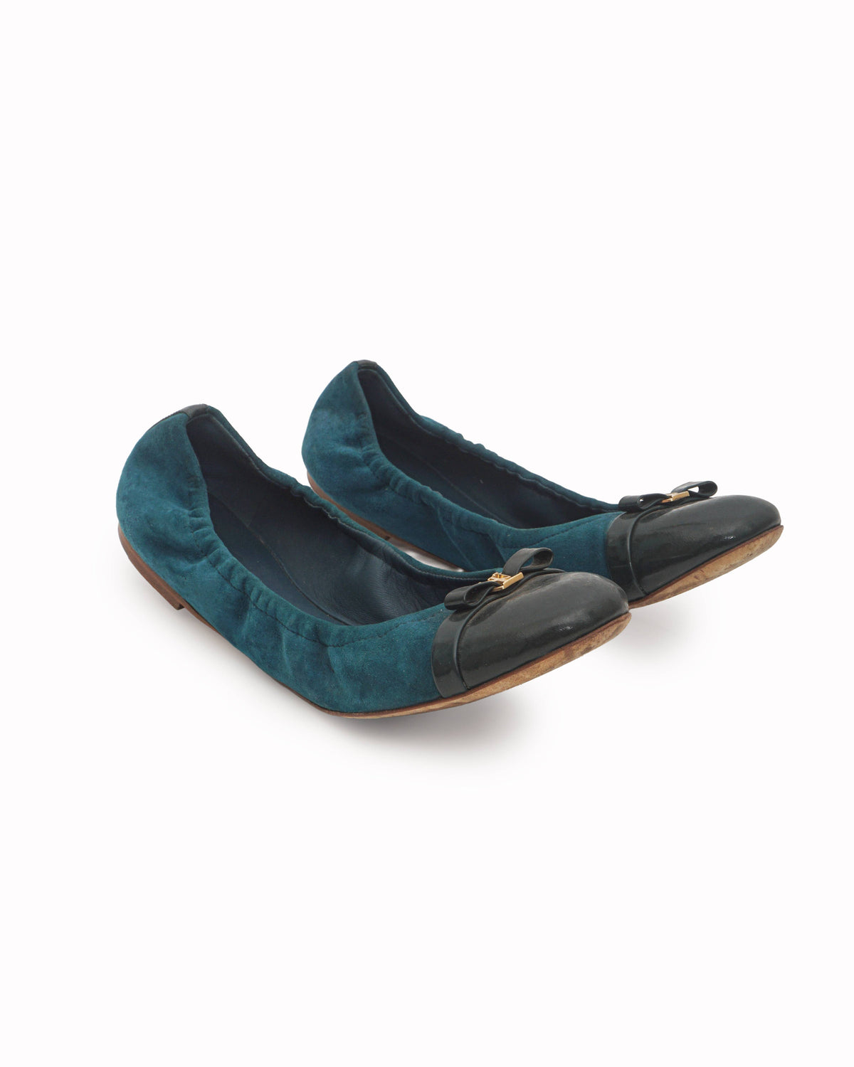 Louis Vuitton Teal Suede & Patent Leather LV Bow Ballet Flats
