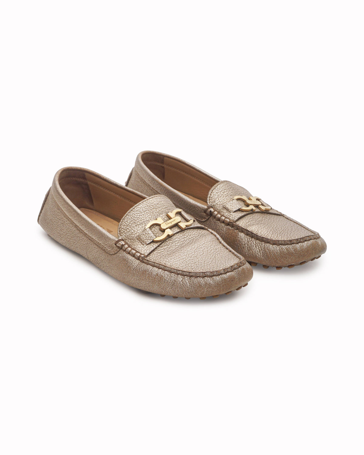 Salvatore Ferragamo Metallic Champagne Gancini Driver Loafers