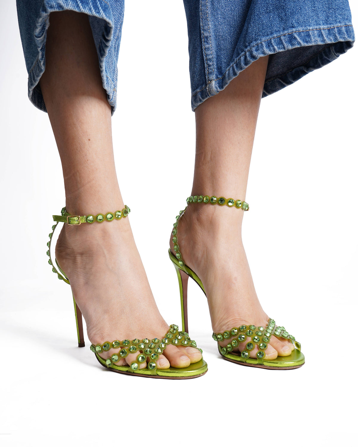 Aquazzura Green PVC Crystal Ankle Strap Sandals