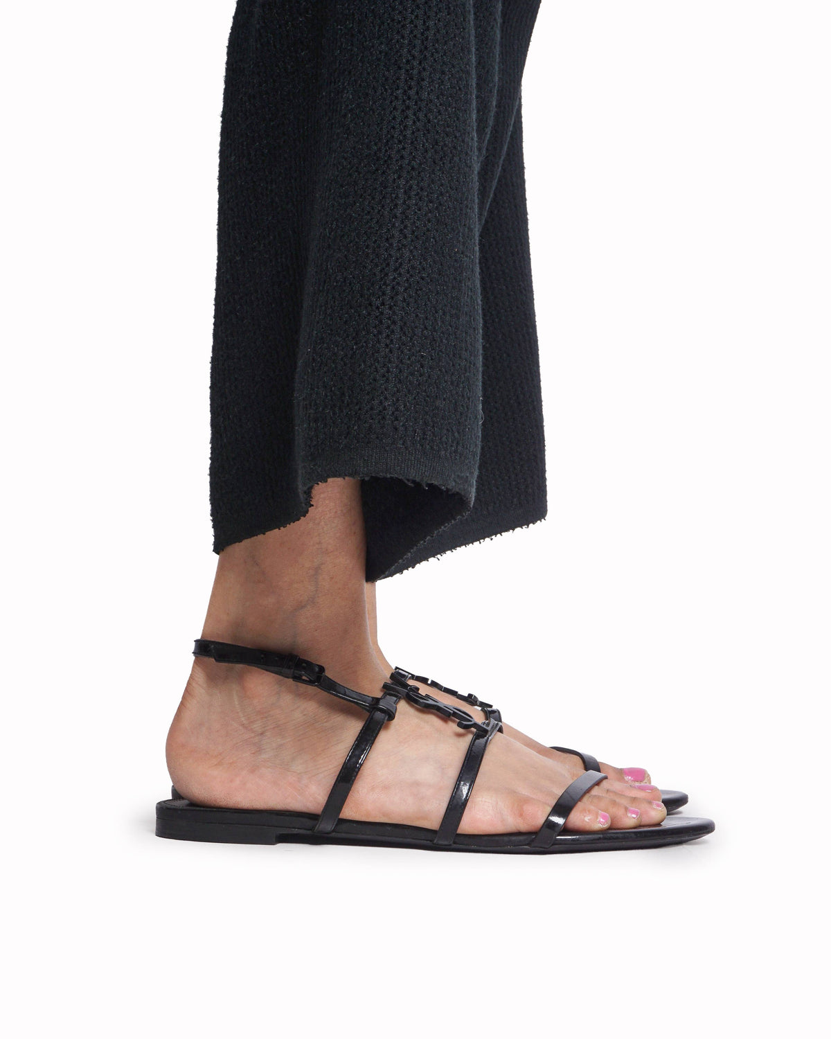 Saint Laurent Cassandra Black Patent Leather Flat Sandals
