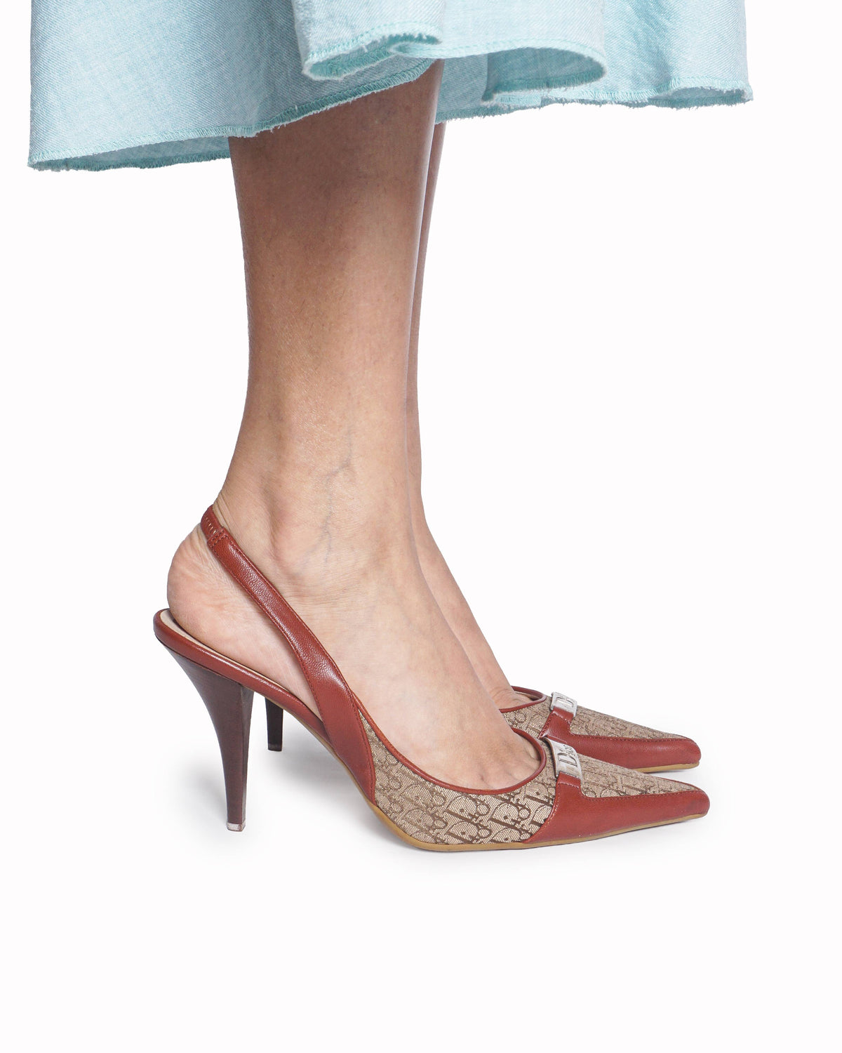 Christian Dior Brown Leather and Canvas Vintage Diorissimo Pointed Toe Sandals