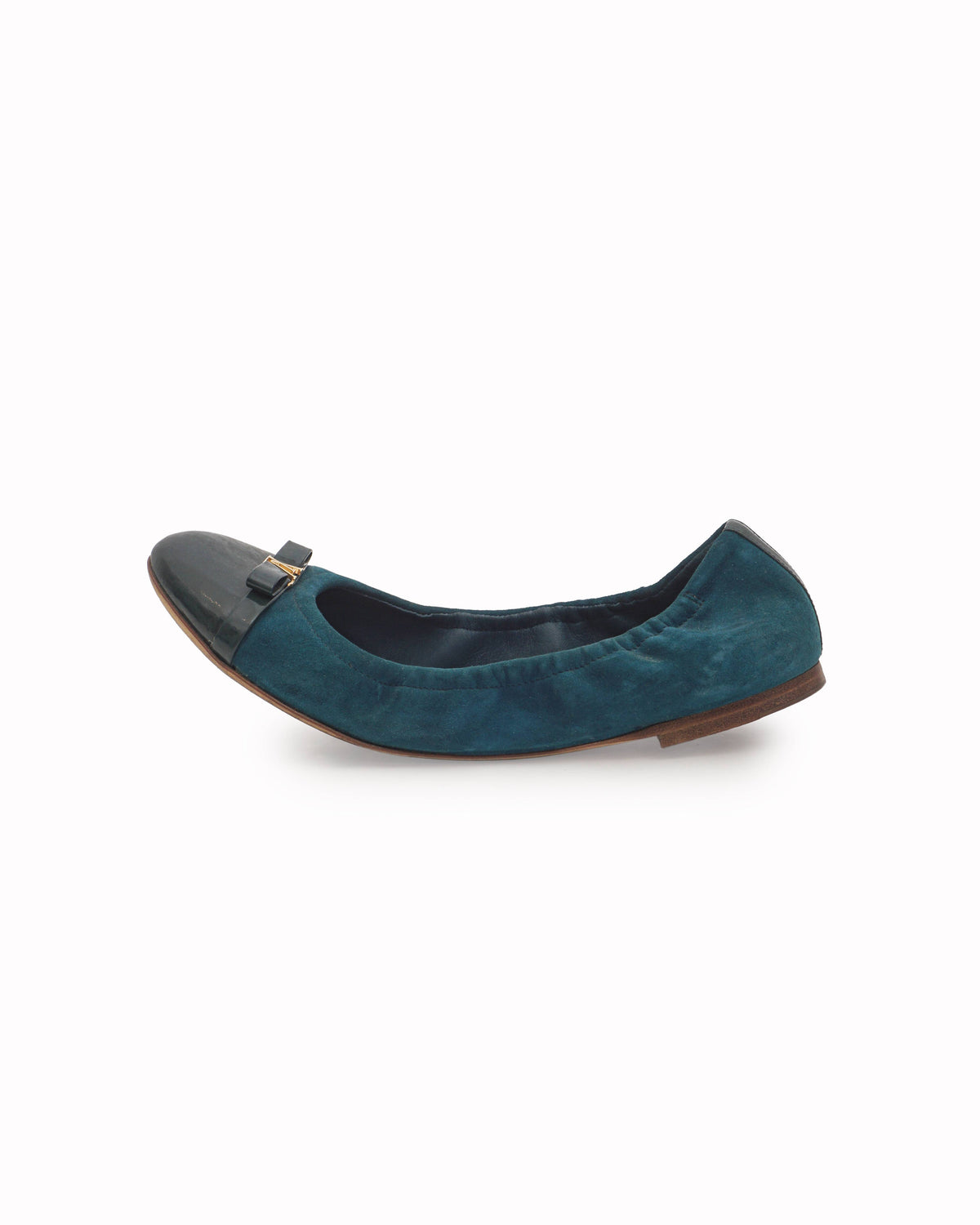 Louis Vuitton Teal Suede & Patent Leather LV Bow Ballet Flats