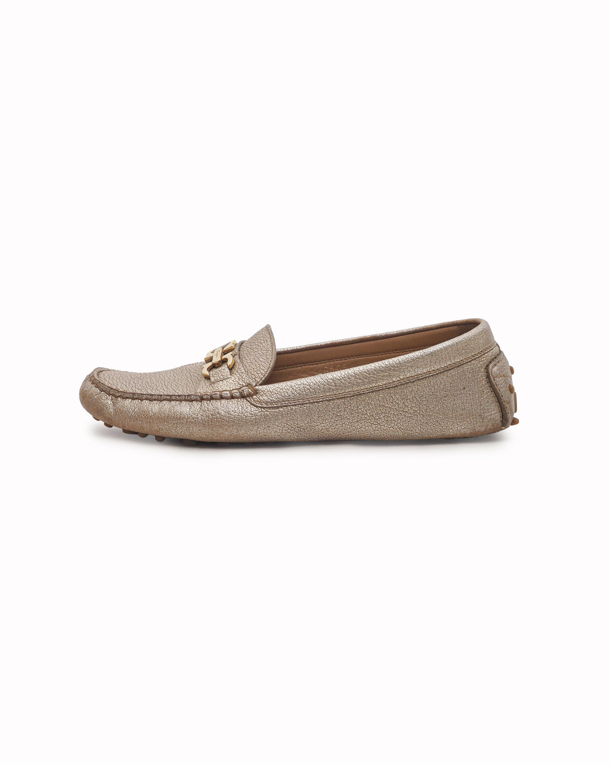 Salvatore Ferragamo Metallic Champagne Gancini Driver Loafers