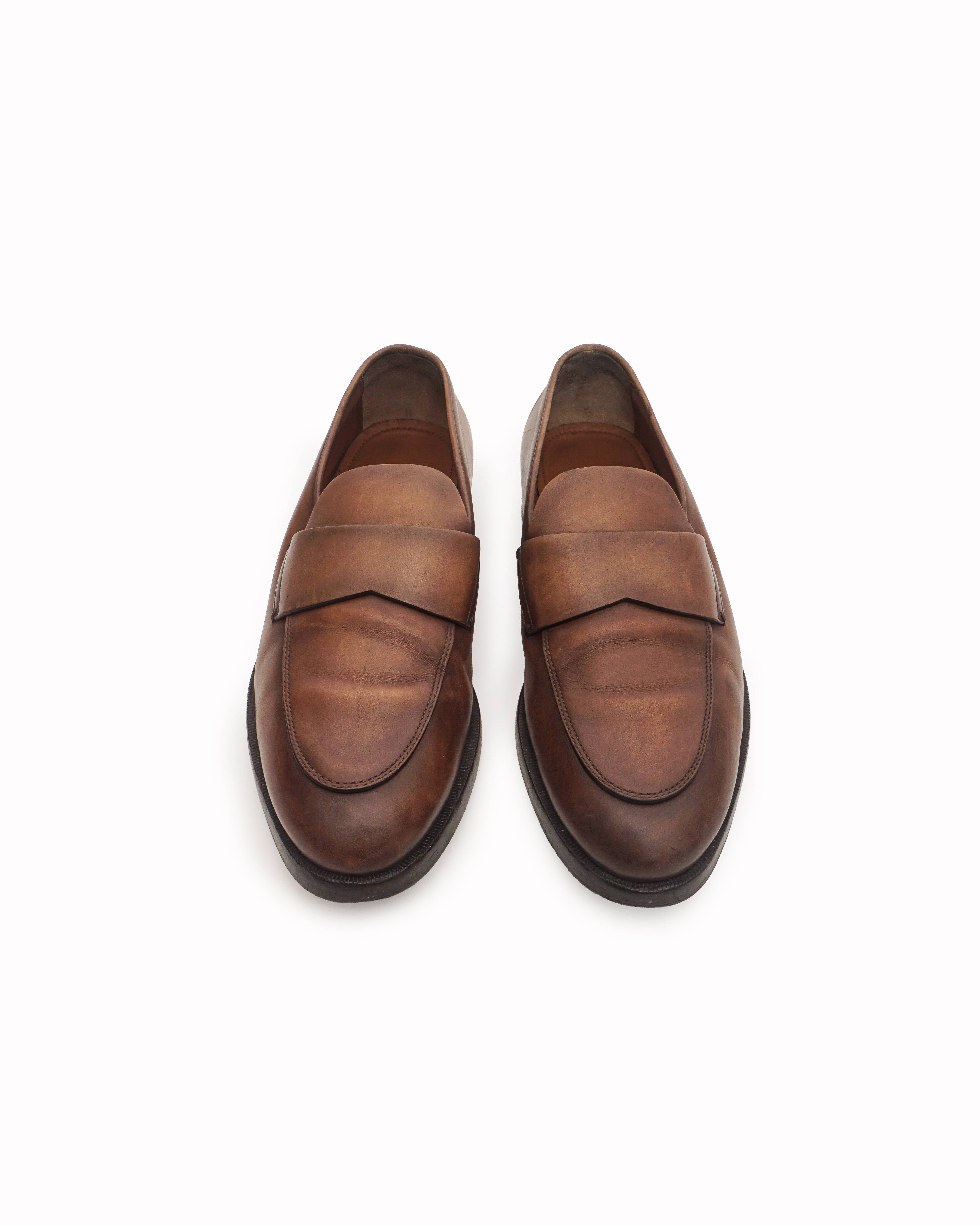 Zegna Men's Tan Burnished Leather Penny Loafers
