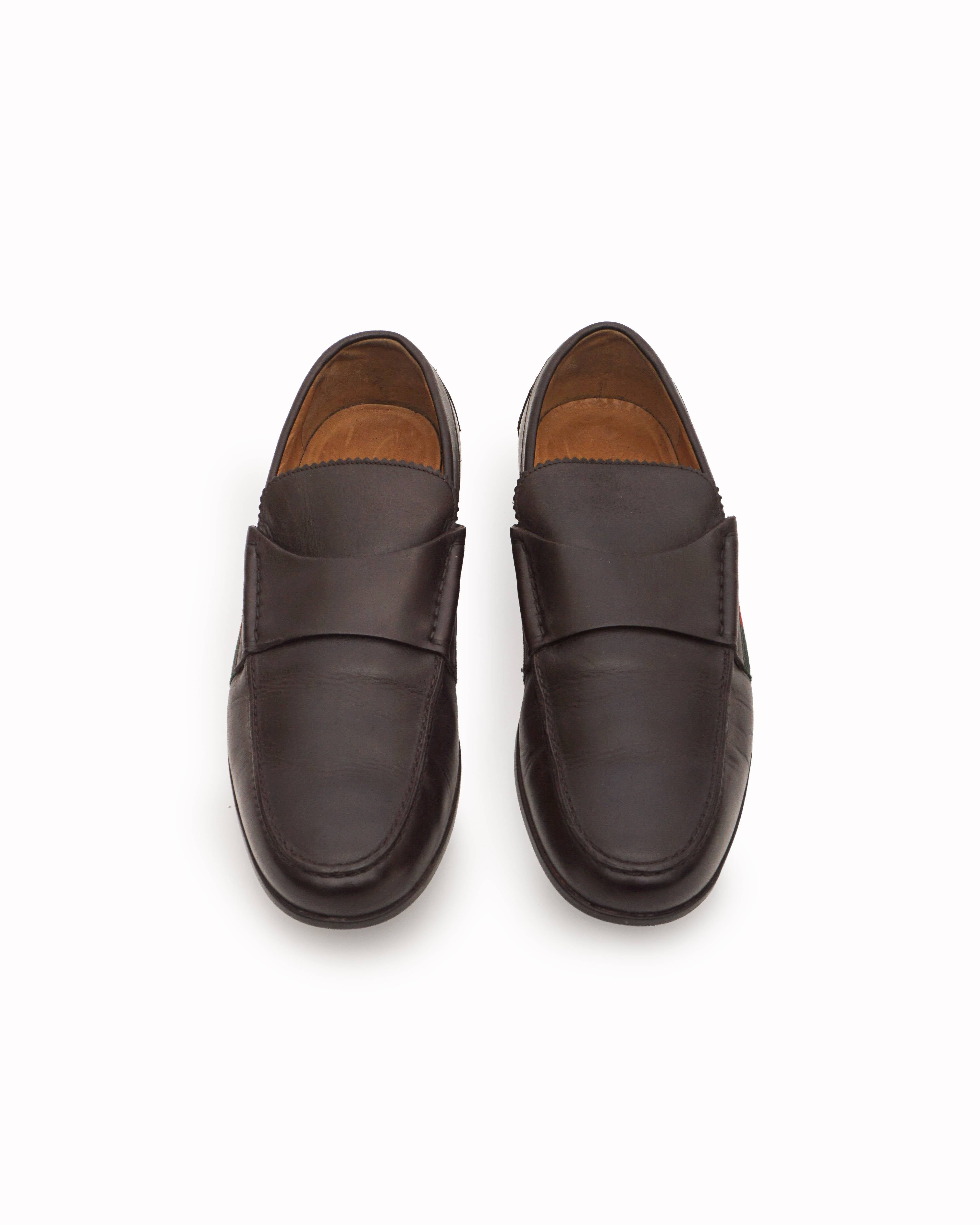 Gucci Dark Brown Leather Web Stripe Penny Loafers